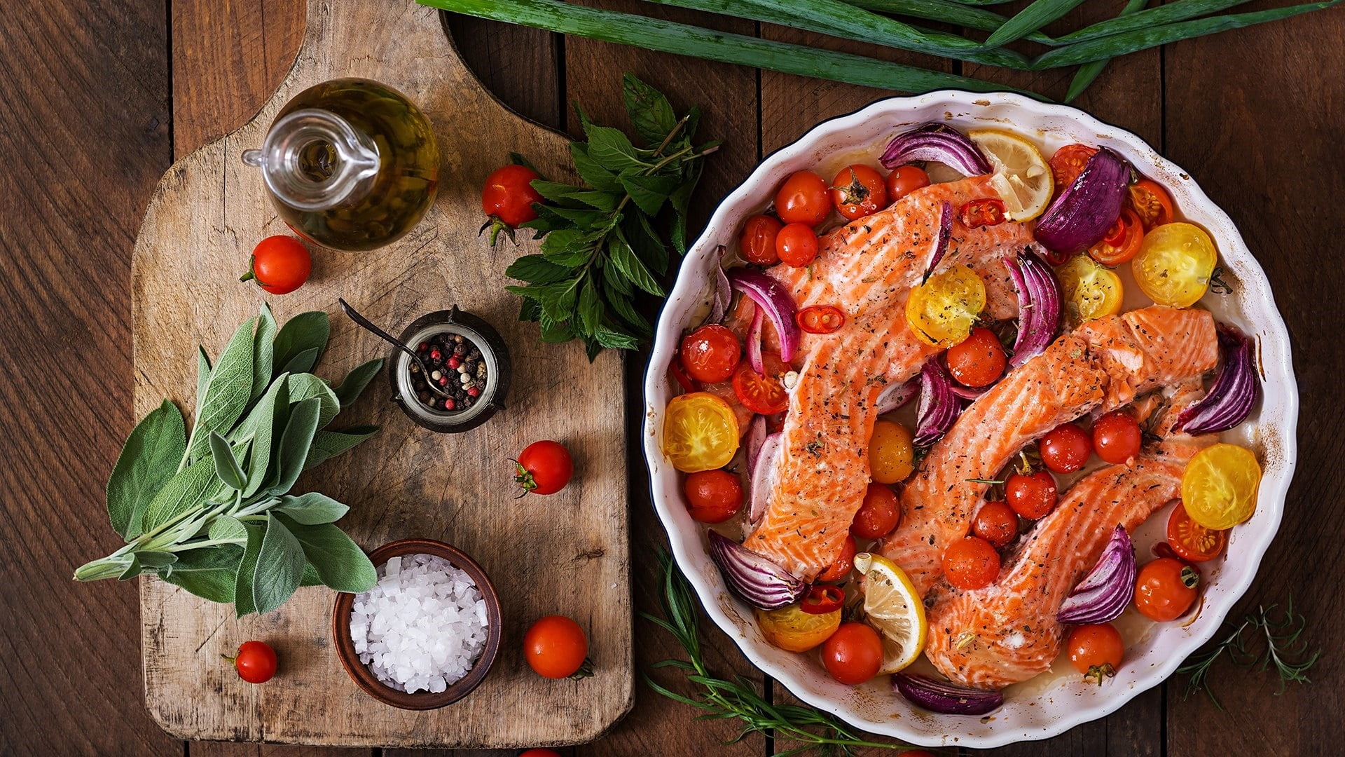 salt, cuisine, freshness, 1080P, vegetable, food, salmon, glass, ingredient, no people, tomato, onion, household equipment, dinner, meat, leaf, healthy eating, HD Wallpaper