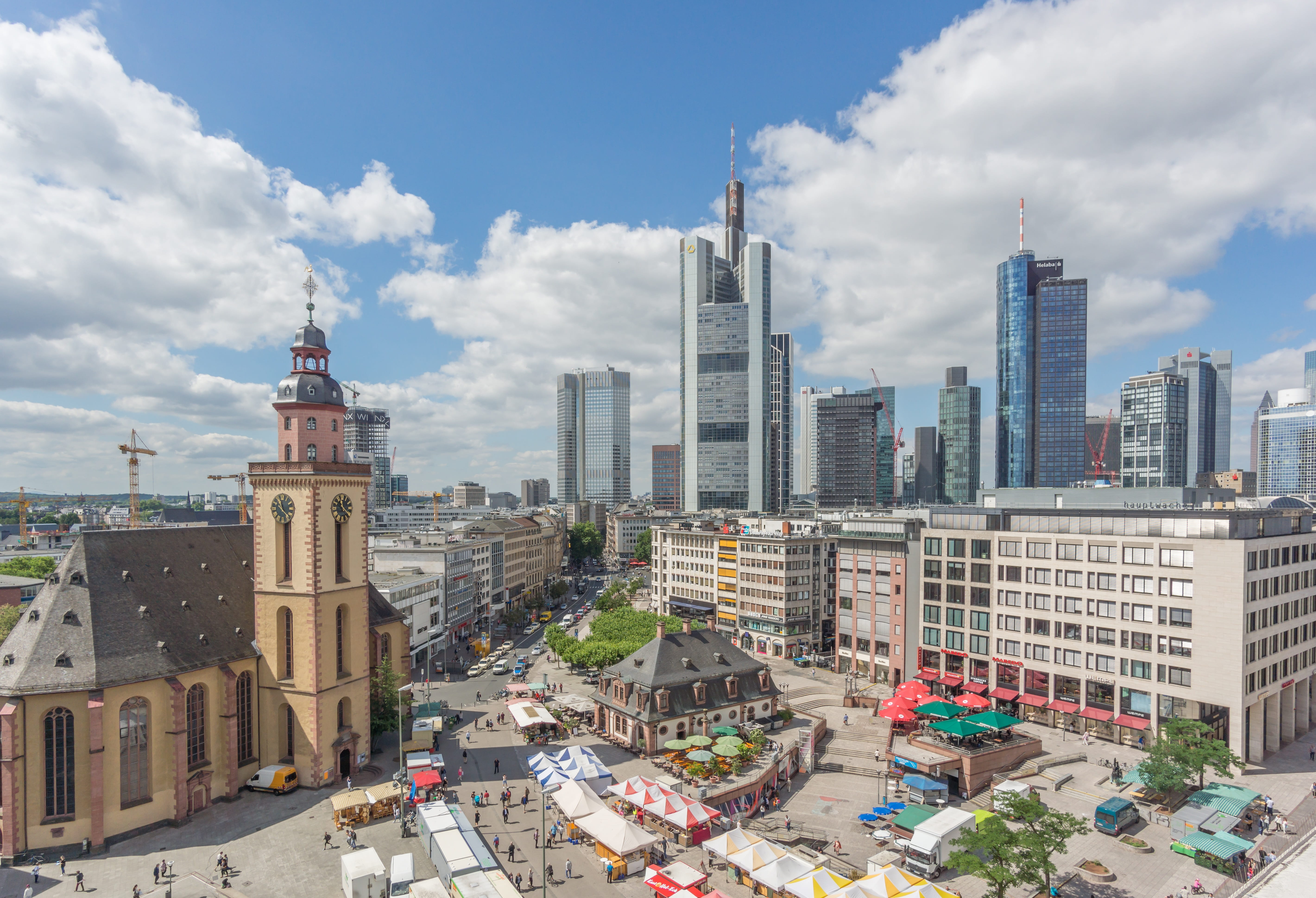 sky, built structure, day, old building, modern, hauptwache, urban skyline, st catherines church, germany, town center, clouds, outdoors, tower, tall - high, HD Wallpaper