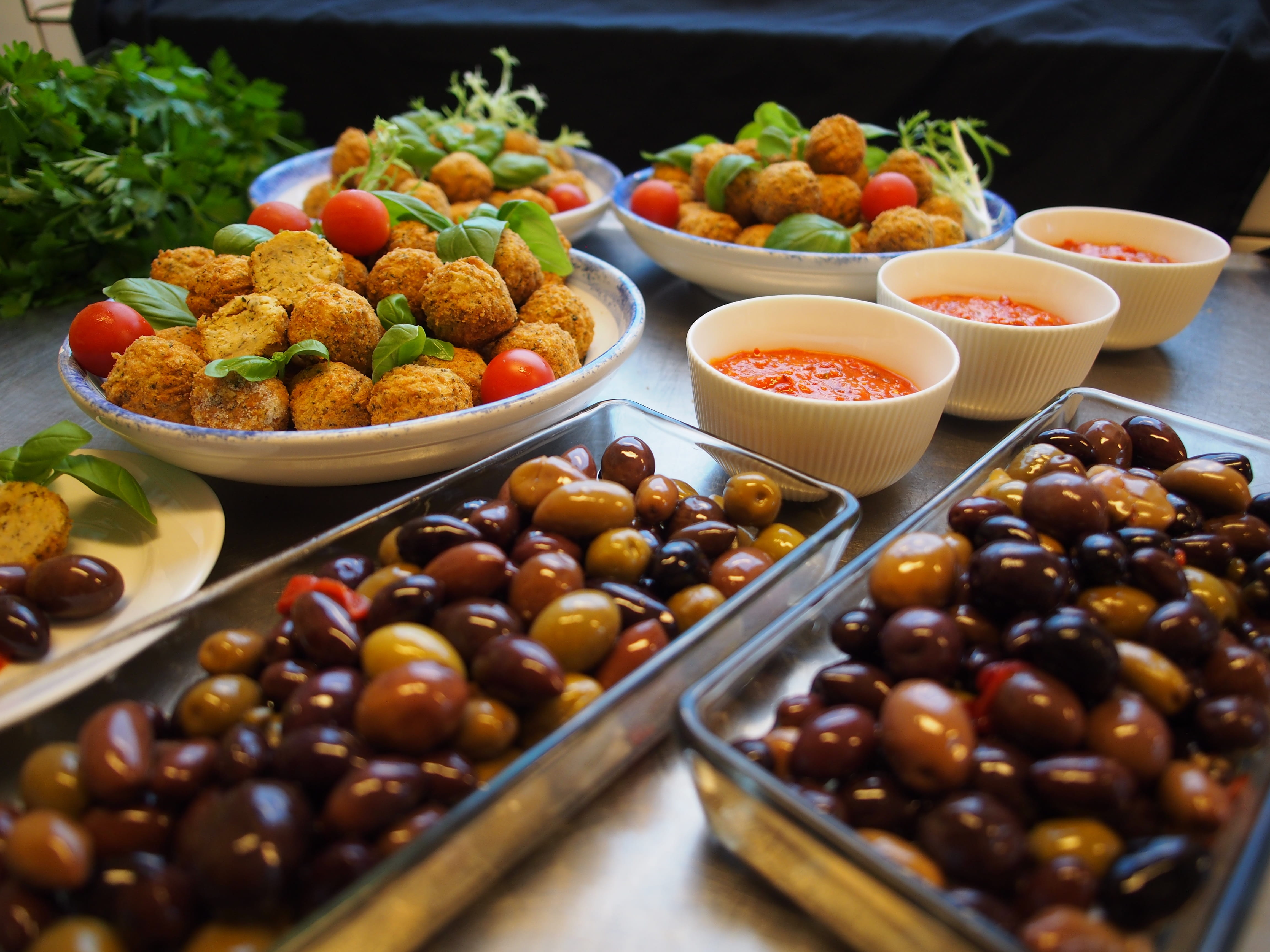 still life, fruit, plate, no people, food and drink, large group of objects, olive, variation, basil, temptation, falafel, food, 4K, abundance, table, HD Wallpaper