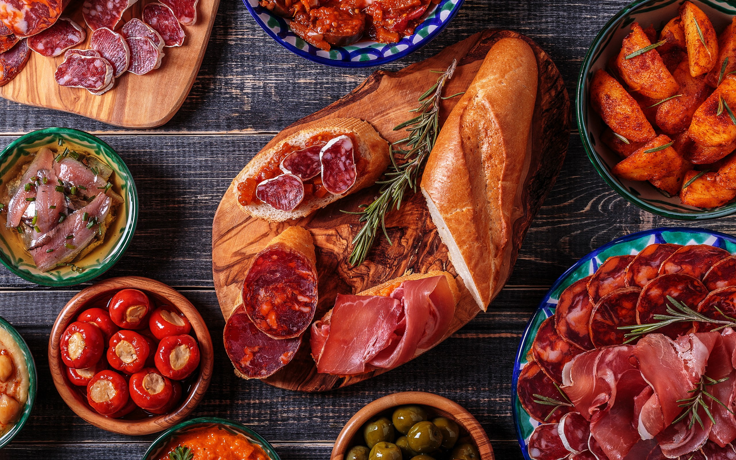 meal, healthy eating, tomato, no people, food, bread meat vegetables fish food, tapas, snack, vegetable, food and drink, processed meat, red, 2K, directly above, HD Wallpaper