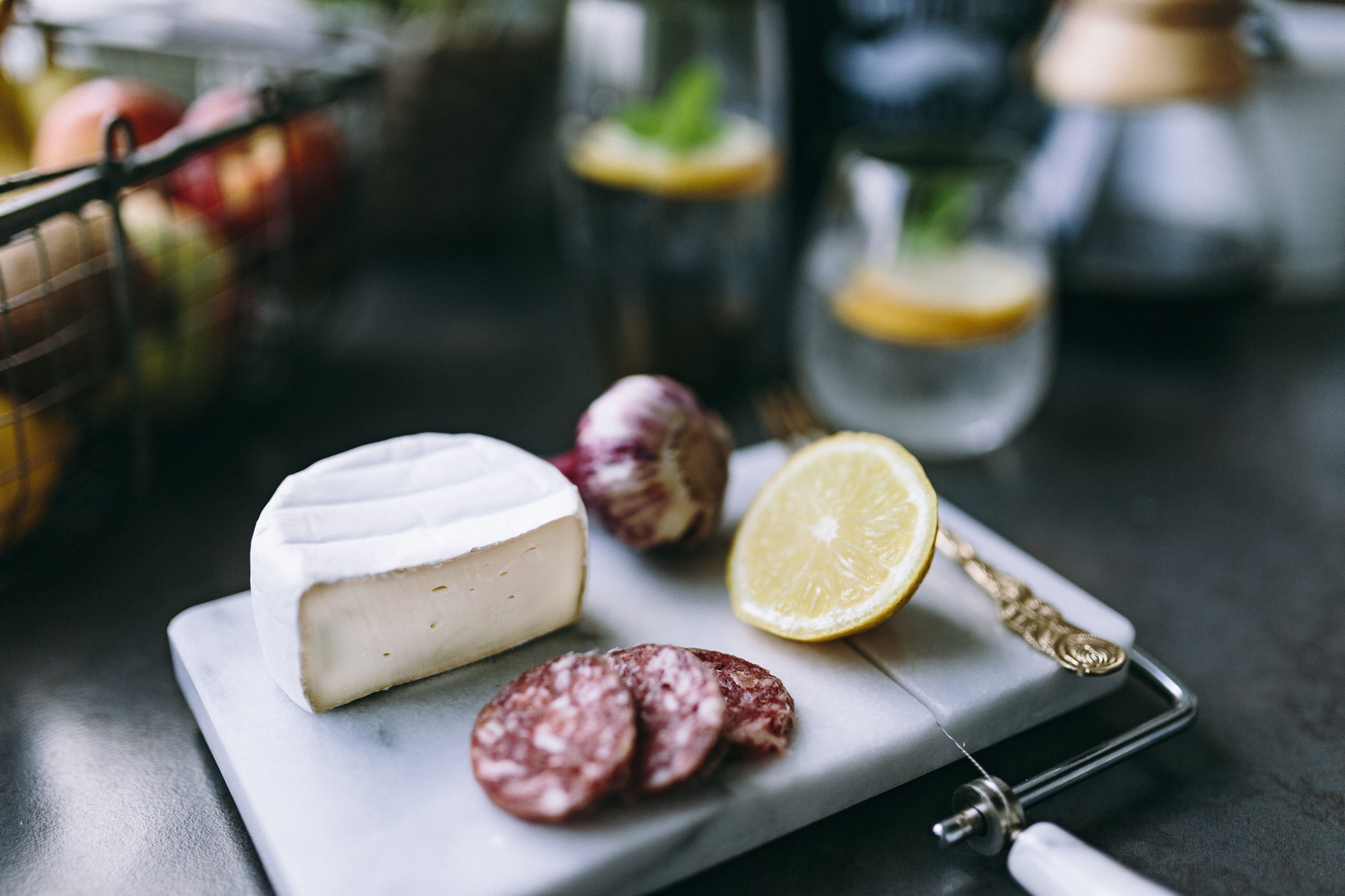 still life, kitchen, appetizer, sausage, vegetables, fruits, pork, cross section, hands, dairy product, close-up, table, healthy eating, 5K, meat, ready-to-eat, HD Wallpaper