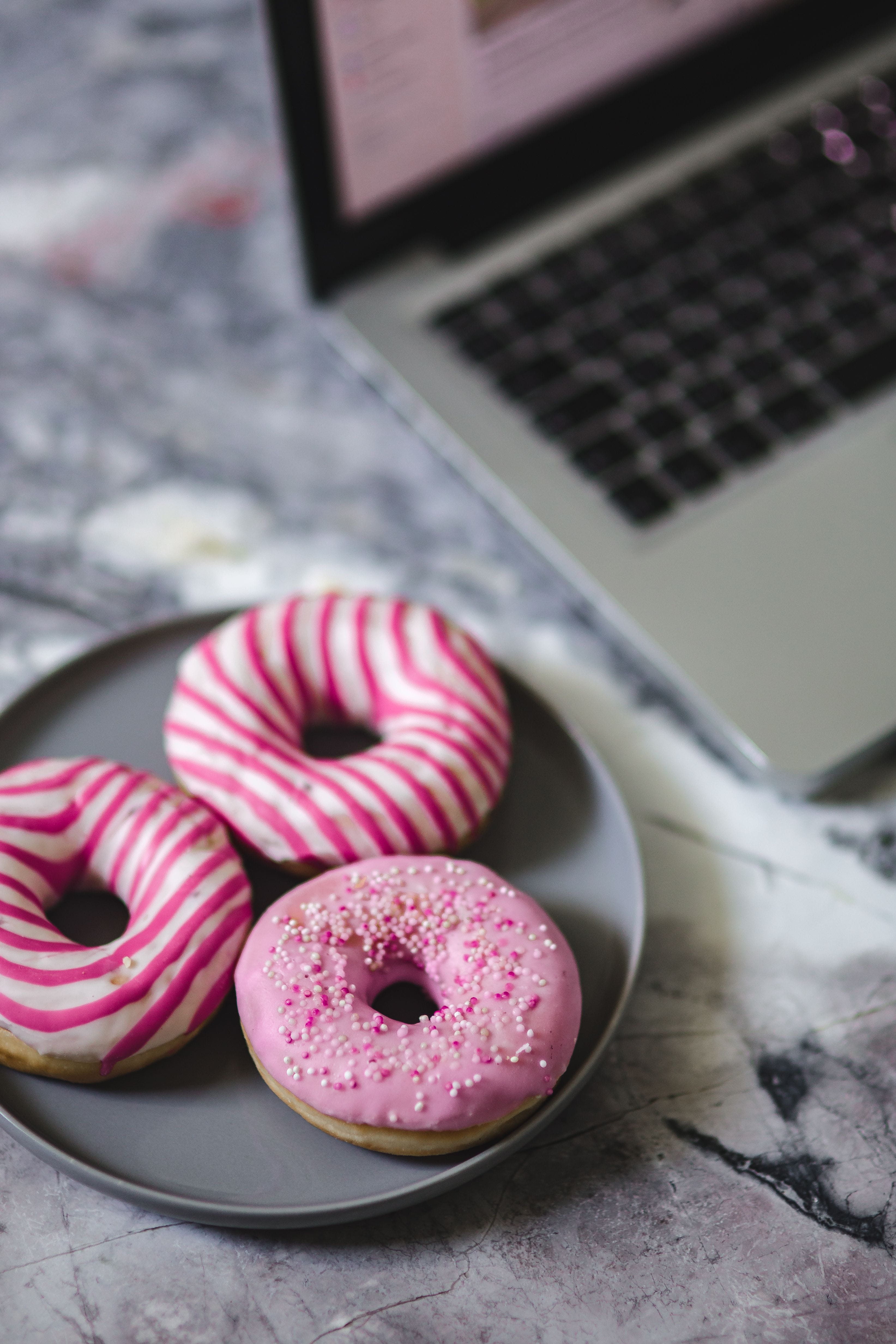 computer, chocolate, food, sweet, no people, freshness, cake, cute, junk food, donut, dessert, close-up, food and drink, ready-to-eat, table, 4K, tasty, Phone HD Wallpaper