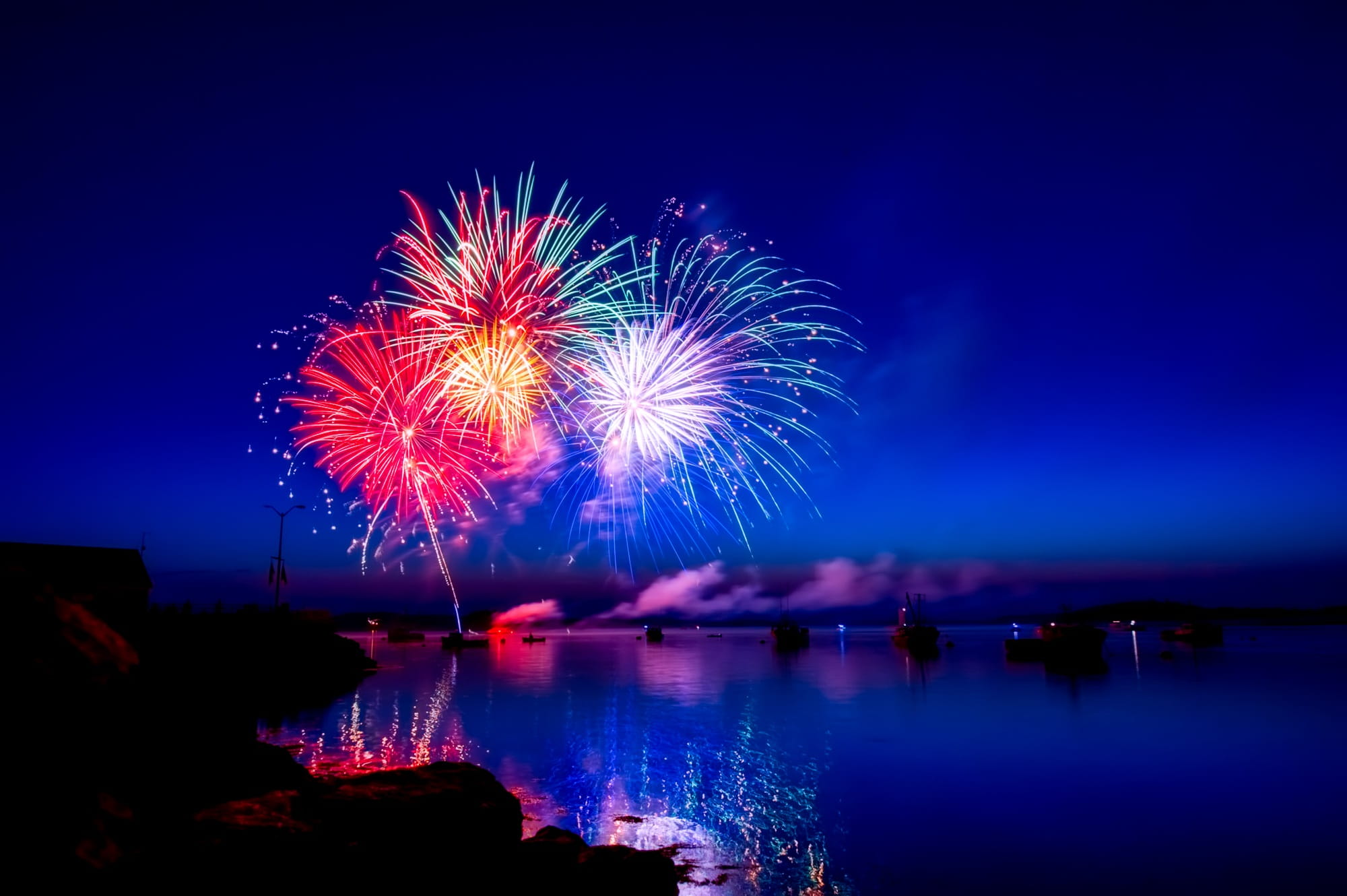 lights, new year, fireworks, bright, reflection, sea, dark, arts culture and entertainment, 1080P, light, eve, new years eve, flame, no people, blurred motion, HD Wallpaper