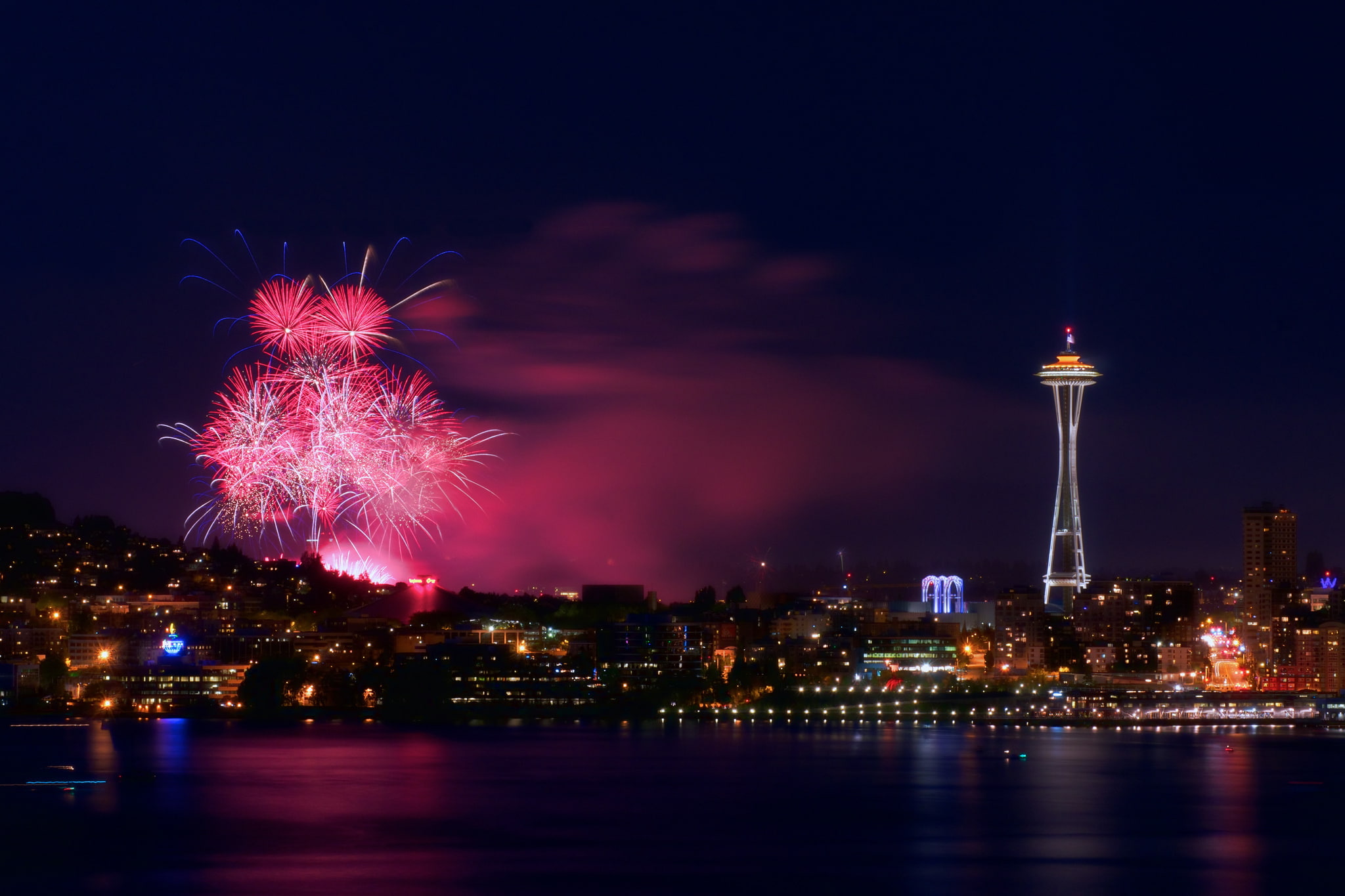 1080P, lights, July 4, fireworks, Seattle, panorama, night, the city, HD Wallpaper