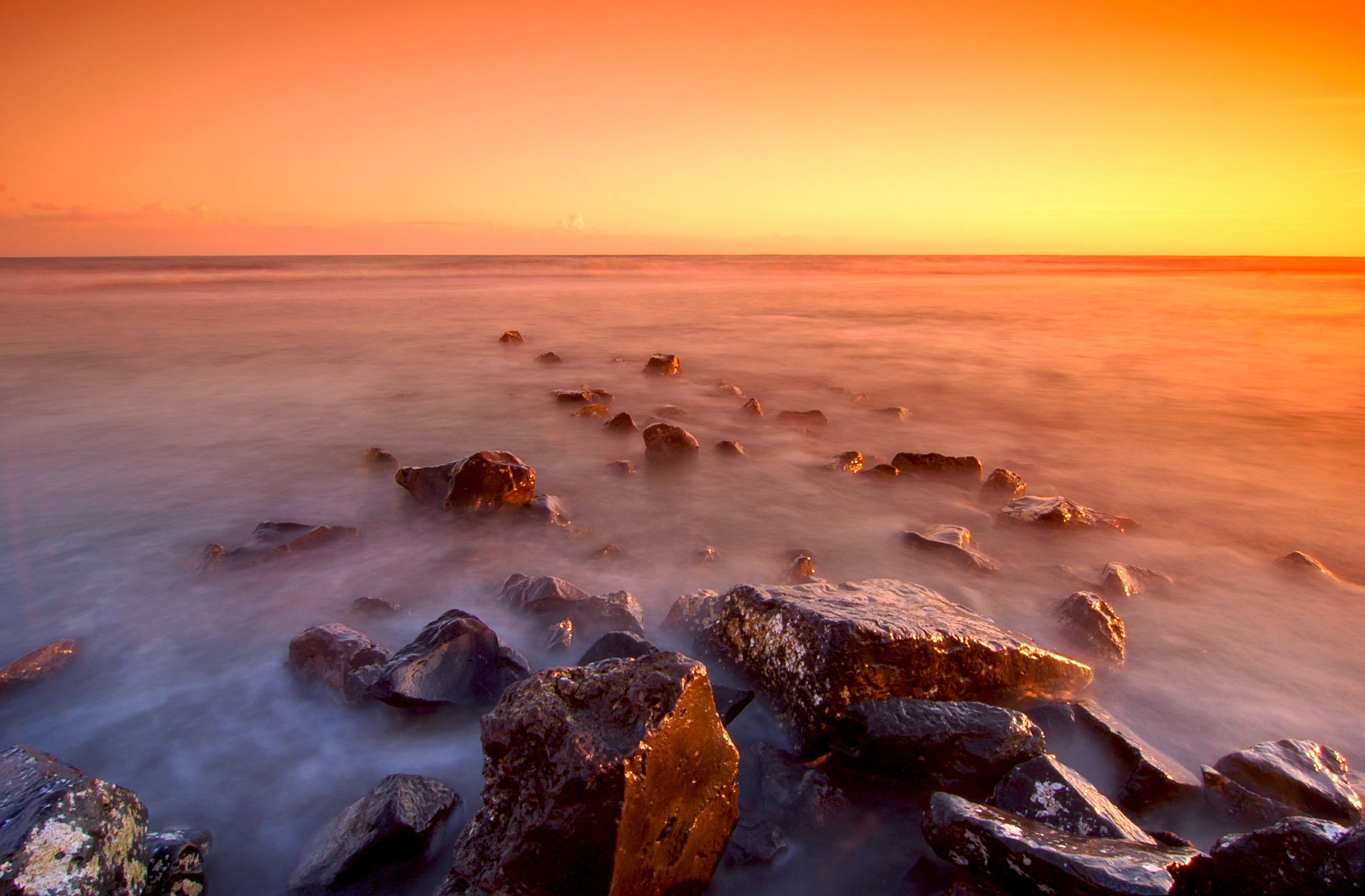 nd8, formation, rock formation, Infinite, scenics, wave, photograph, beach, sunrise - Dawn, water, sunset, mare, dusk, 2K, coastline, tobacco, rocks, cloudy, HD Wallpaper