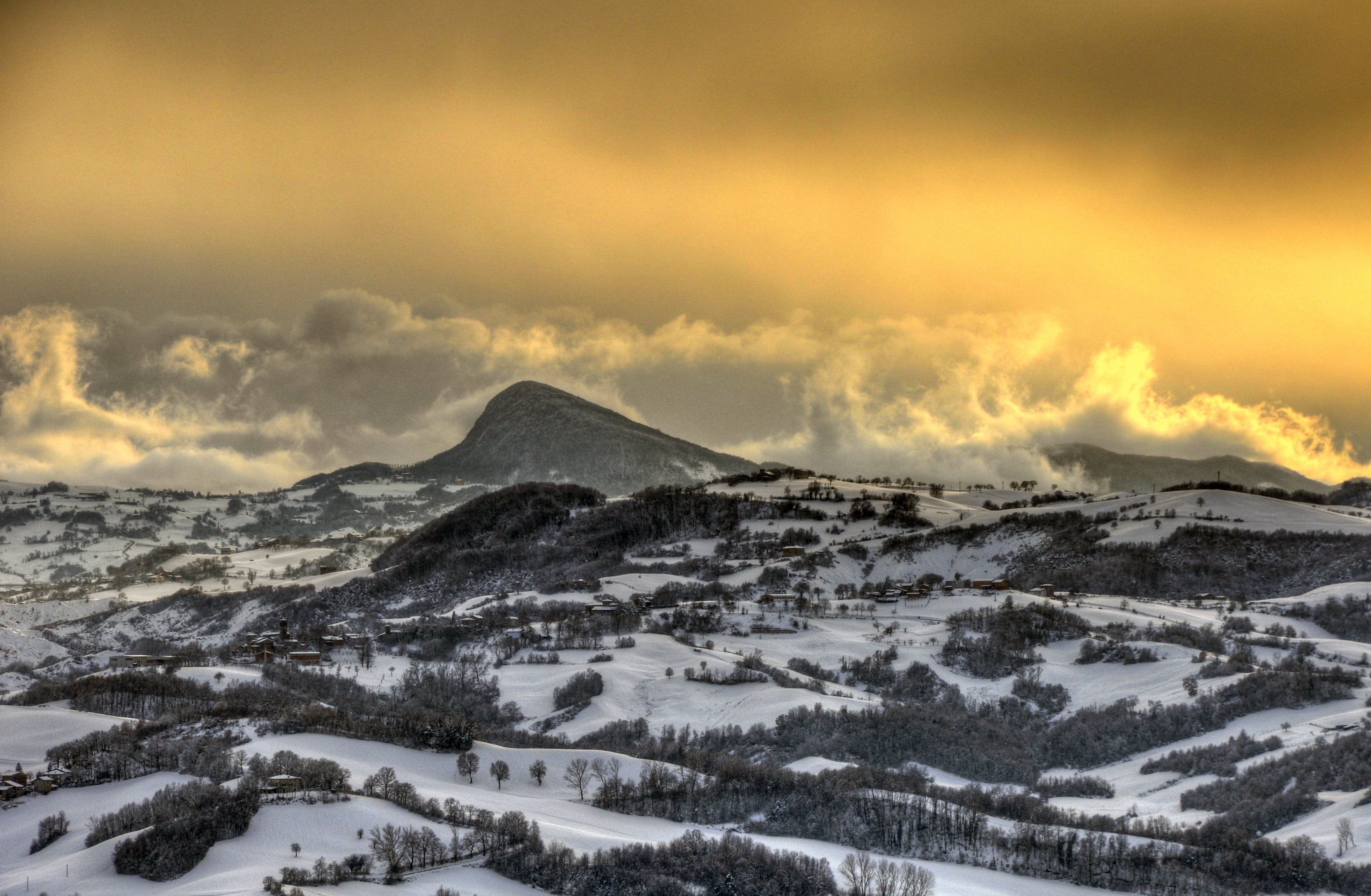 neve, snow, aerial photo, Sunset, Winter, mountains, sky, mountain, landscape, HDR, aerial, nature, photo, hills, covered, 2K, RE, mountain Peak, Italy, HD Wallpaper