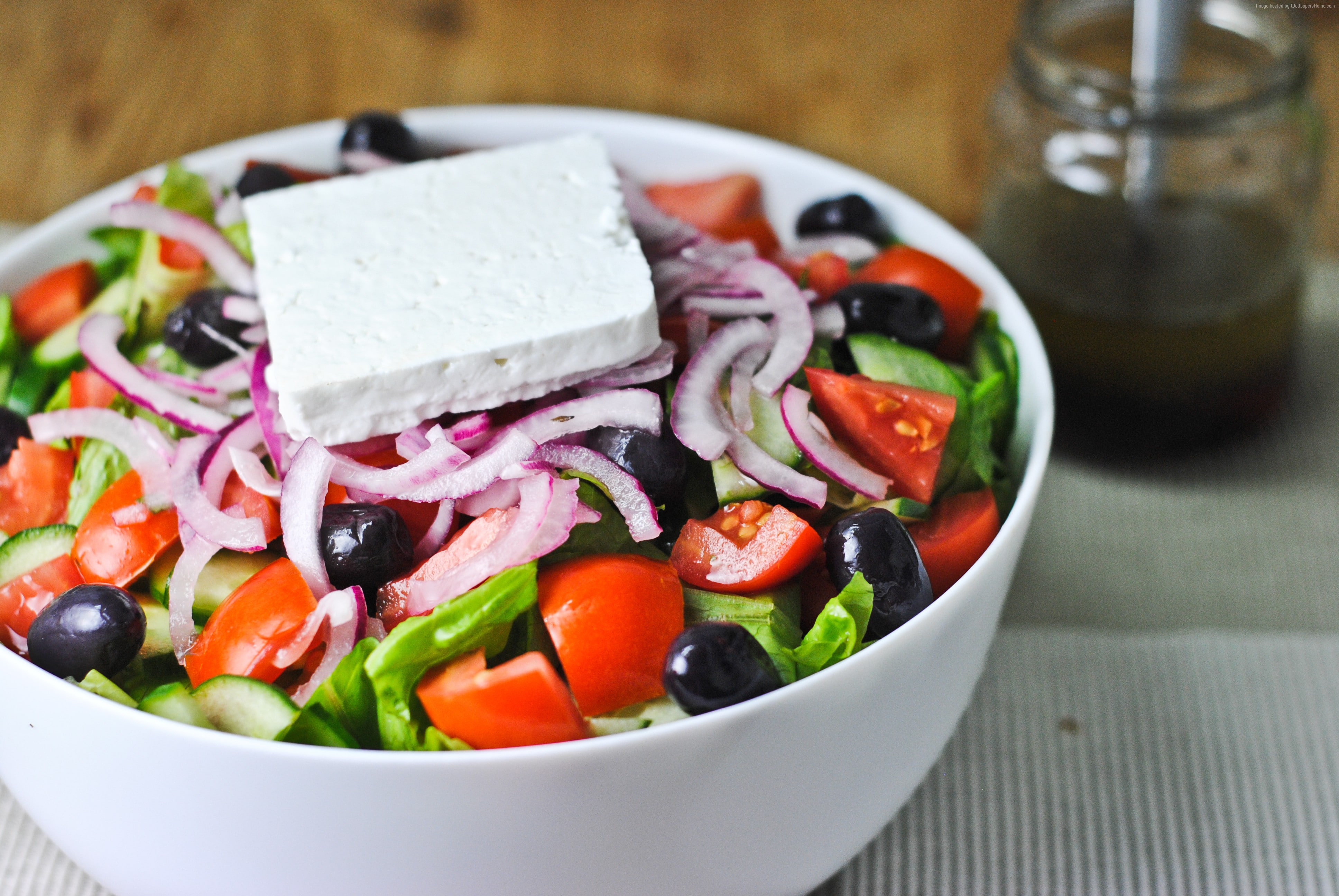 4K, feta, olives, tomatoes, Greek, cooking, recipe, onion, lettuce, cucumbers, HD Wallpaper