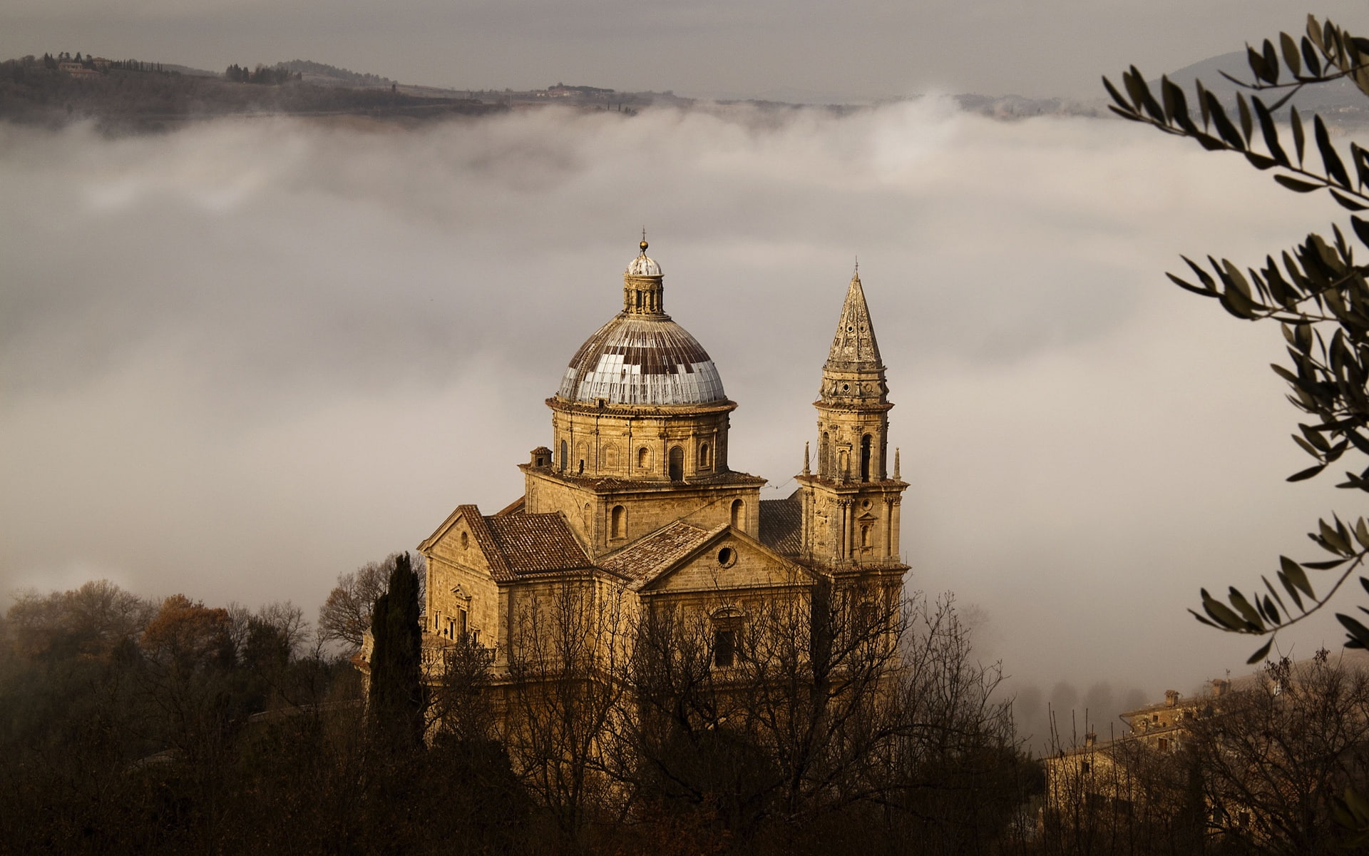 building, brown, concrete, dome, 1080P, Toscana, Trees, Fog, Church, Italy, Montepulciano, HD Wallpaper