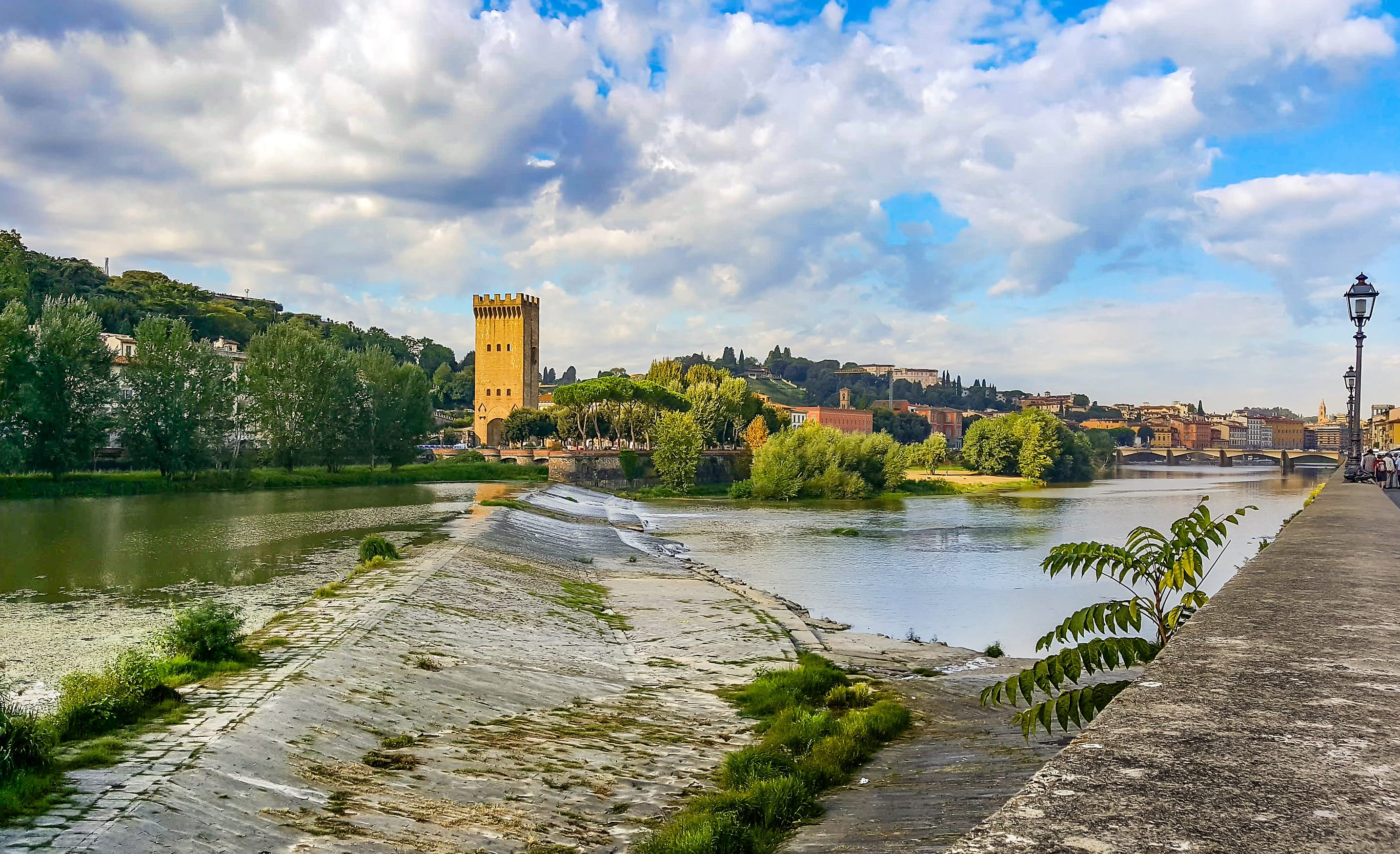 River, outdoors, old, medieval, destination, architecture, tree, Arno, day, tuscany, vecchio, Firenze, history, travel, nature, 2K, city, castle, Tower, HD Wallpaper