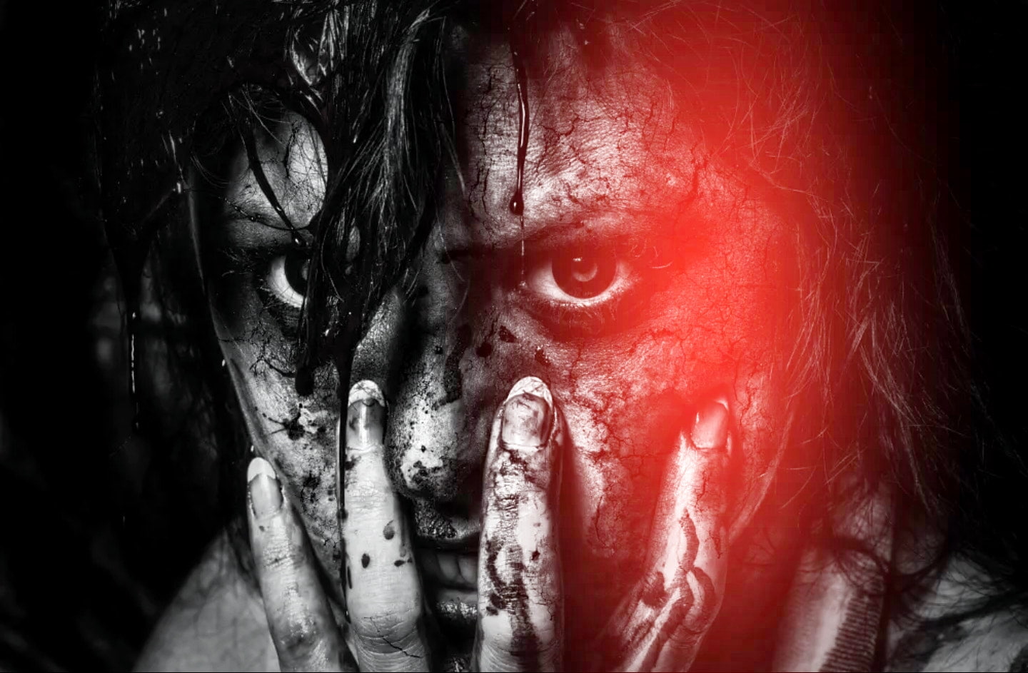 portrait, fear, looking at camera, front view, red, Oliver Sczepurek, blood, black background, one person, spooky, 500px, dark, headshot, selective coloring, HD Wallpaper