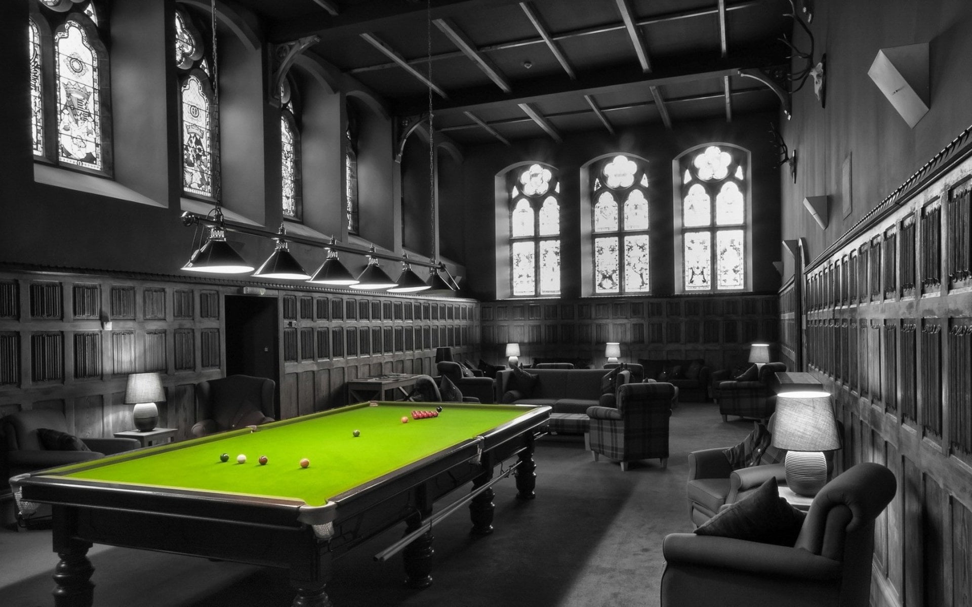 leisure activity, absence, green, pool - cue sport, 1080P, electric lamp, indoors, table, pool cue, relaxation, Game, architecture, snooker, no people, HD Wallpaper