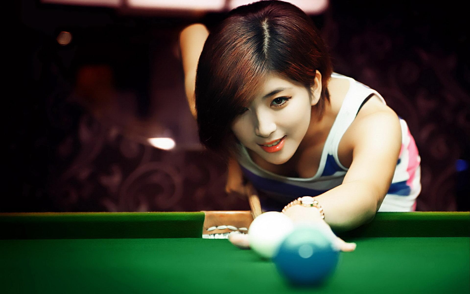ball, one person, 1080P, pool table, recreational pursuit, pool cue, playing, beautiful people, young women, table, hot girl time pictures for background, HD Wallpaper