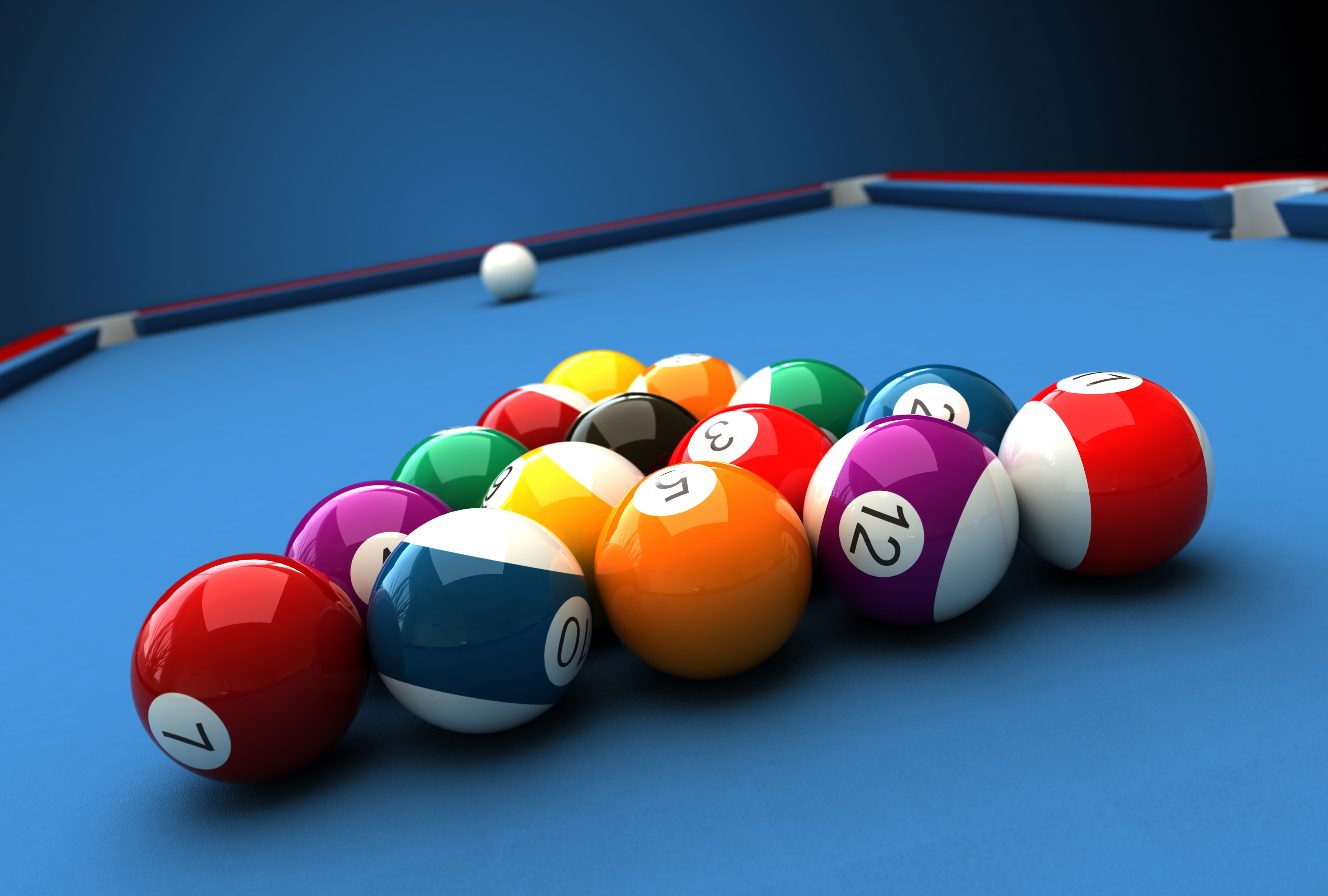 recreational pursuit, sports equipment, billiard balls, relaxation, 8K, pool table, ball, blue, sport, no people, pool - cue sport, multi colored, pool hall, HD Wallpaper