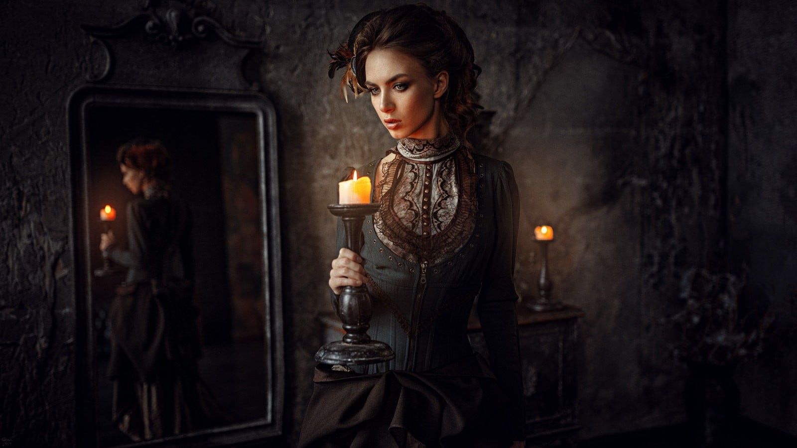 flame, Georgy Chernyadyev, reflection, emotion, fire, Viktoria Vishnevetskaya, indoors, mirror, 720P, young women, one person, smoky eyes, beautiful woman, HD Wallpaper