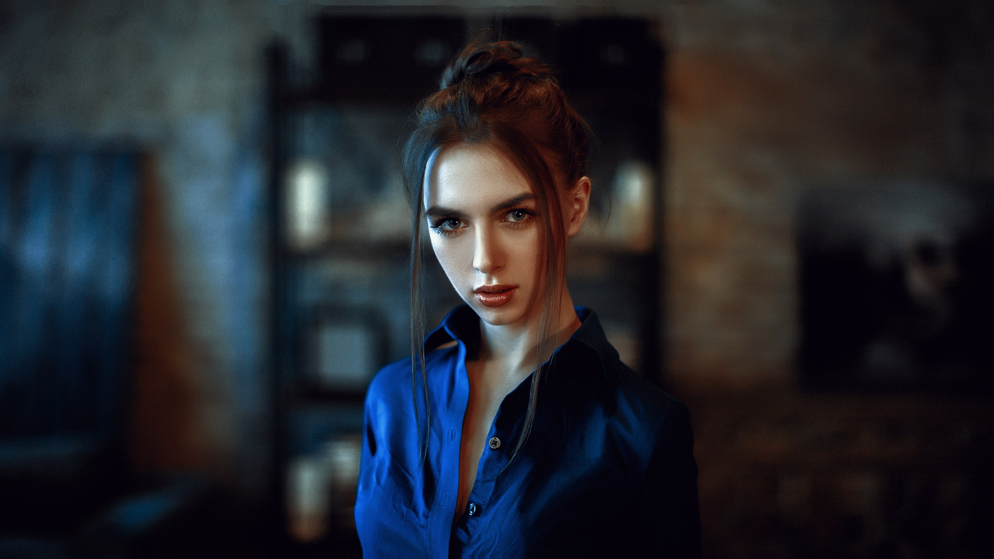 Victoria Vishnevetskaya, 1080P, portrait, blue clothing, blue shirt, women, face, depth of field, HD Wallpaper