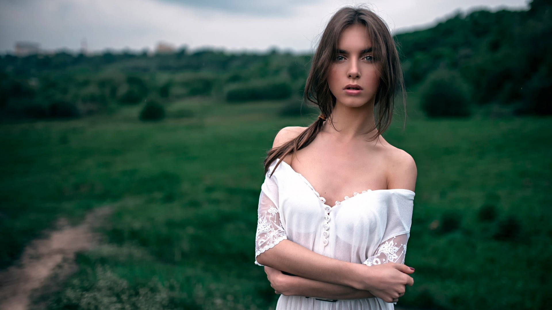 1080P, off shoulder, plant, long hair, young adult, hairstyle, young women, outdoors, standing, Viktoria Vishnevetskaya, portrait, one person, real people, HD Wallpaper