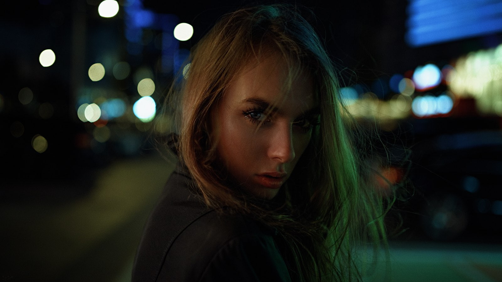 night, urban, face, Georgy Chernyadyev, black coat, Victoria Vishnevetskaya, Viktoria Vishnevetskaya, dark, 720P, women, HD Wallpaper