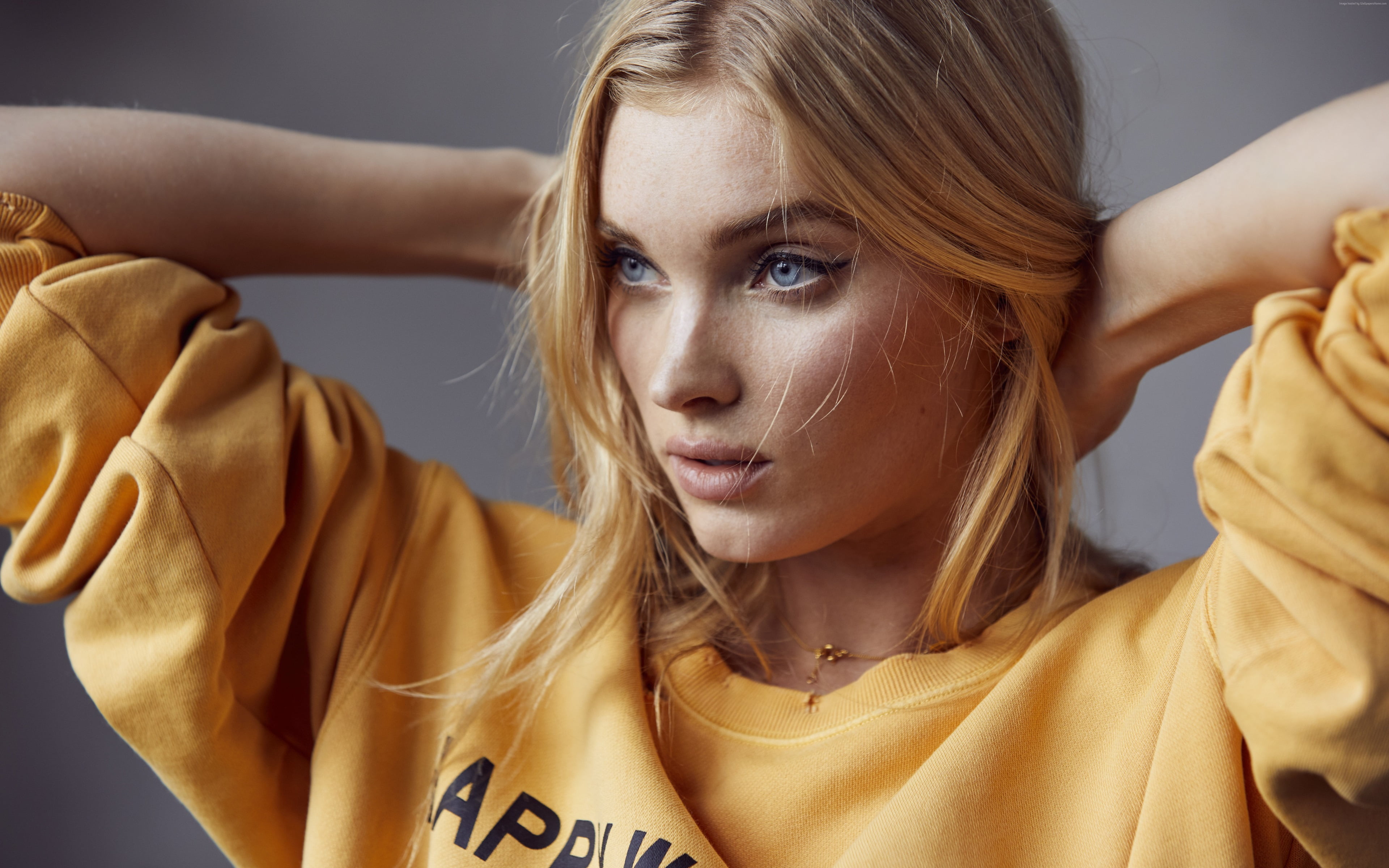 arms up, headshot, portrait, front view, model, hair, blond hair, hairstyle, woman, looking at camera, beauty, indoors, long hair, casual clothing, face, HD Wallpaper