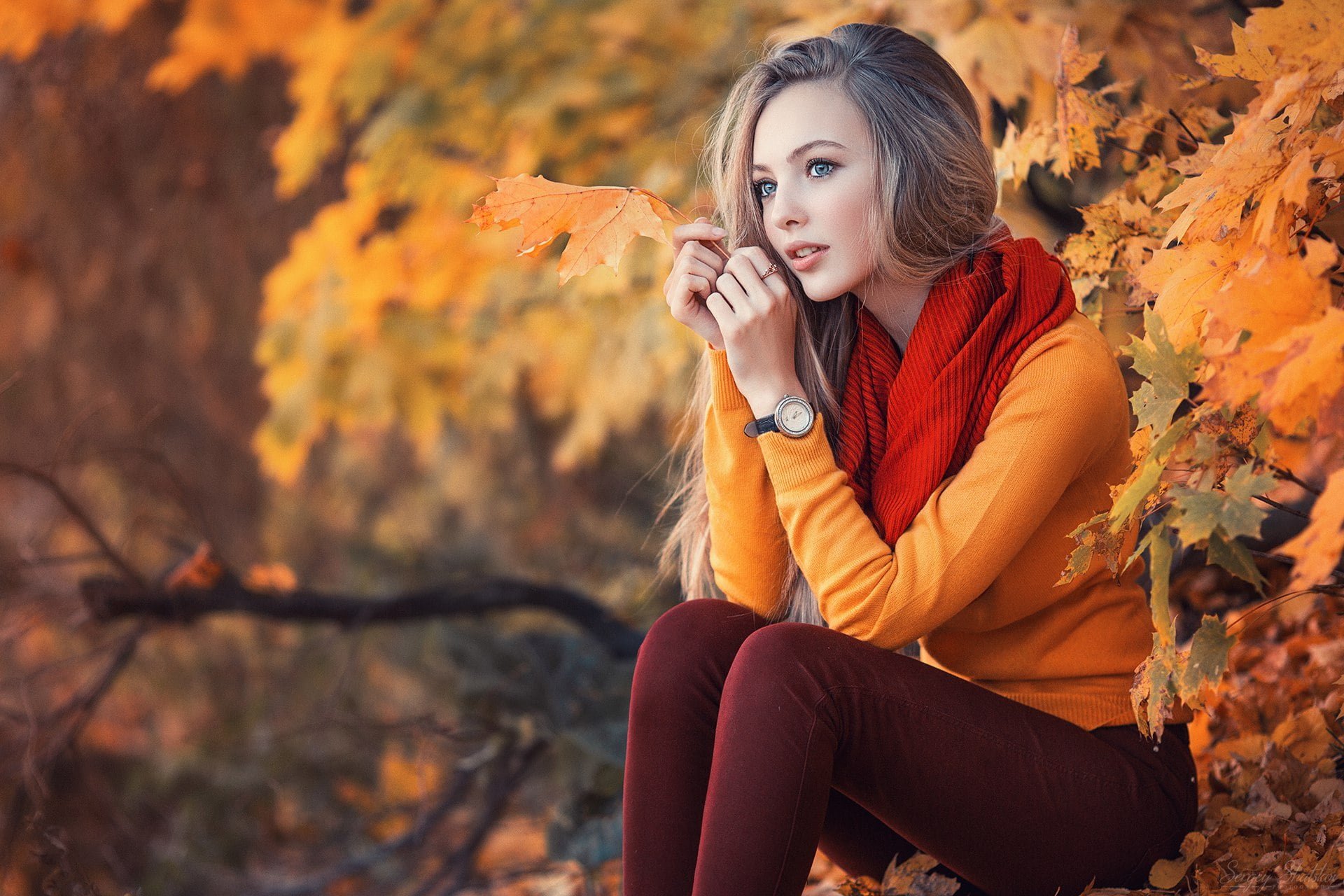 branch, yellow sweater, Sergey Shatskov, sweater, scarf, depth of field, jeans, blonde, model, portrait, women outdoors, 1080P, long hair, outdoors, women, HD Wallpaper