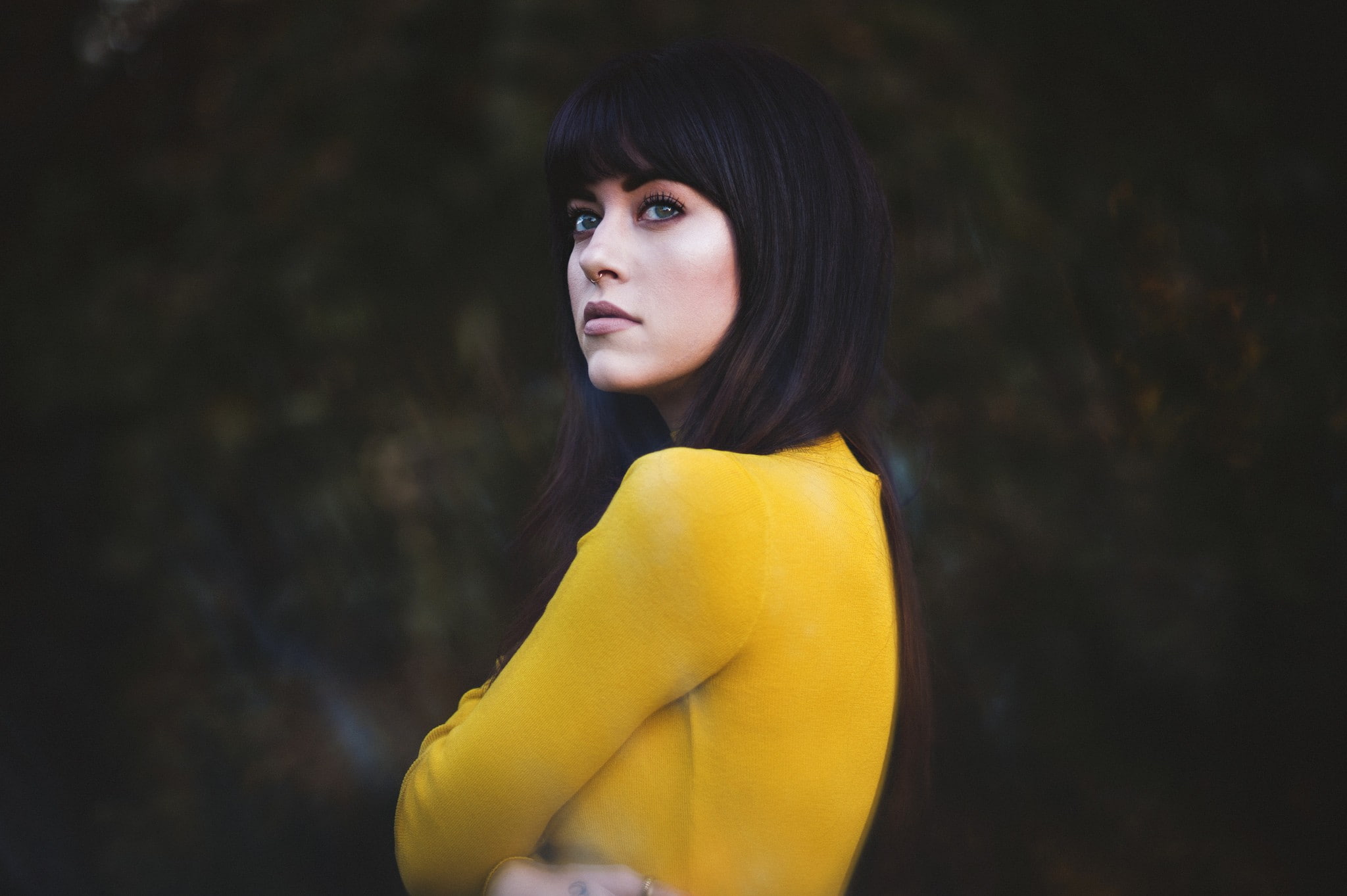 1080P, yellow clothing, nose rings, looking away, brunette, women, sweater, pale, HD Wallpaper