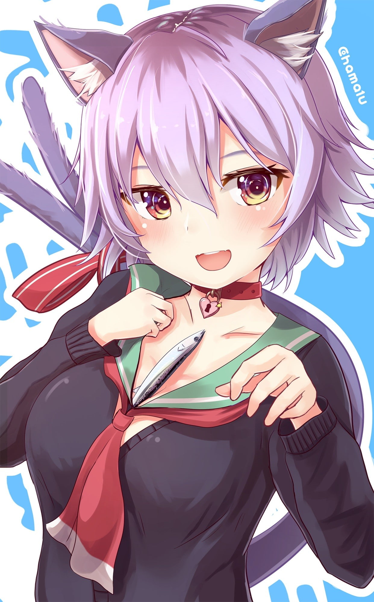 Kantai Collection, sweater, nekomimi, Tama (KanColle), yellow eyes, open shirt, tail, purple hair, animal ears, short hair, anime, 1080P, anime girls, Phone HD Wallpaper
