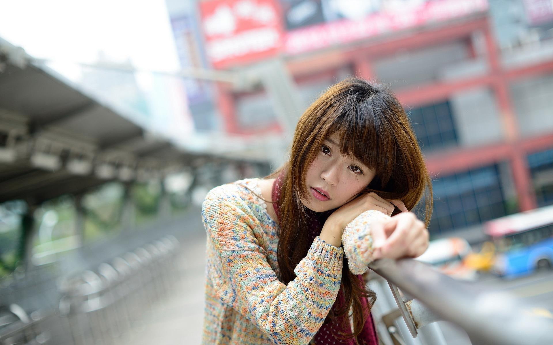 sweater, red, asian, s, knit, neck, women, crew, girls, 1920x1200, 1080P, yellow, blue, woman, HD Wallpaper