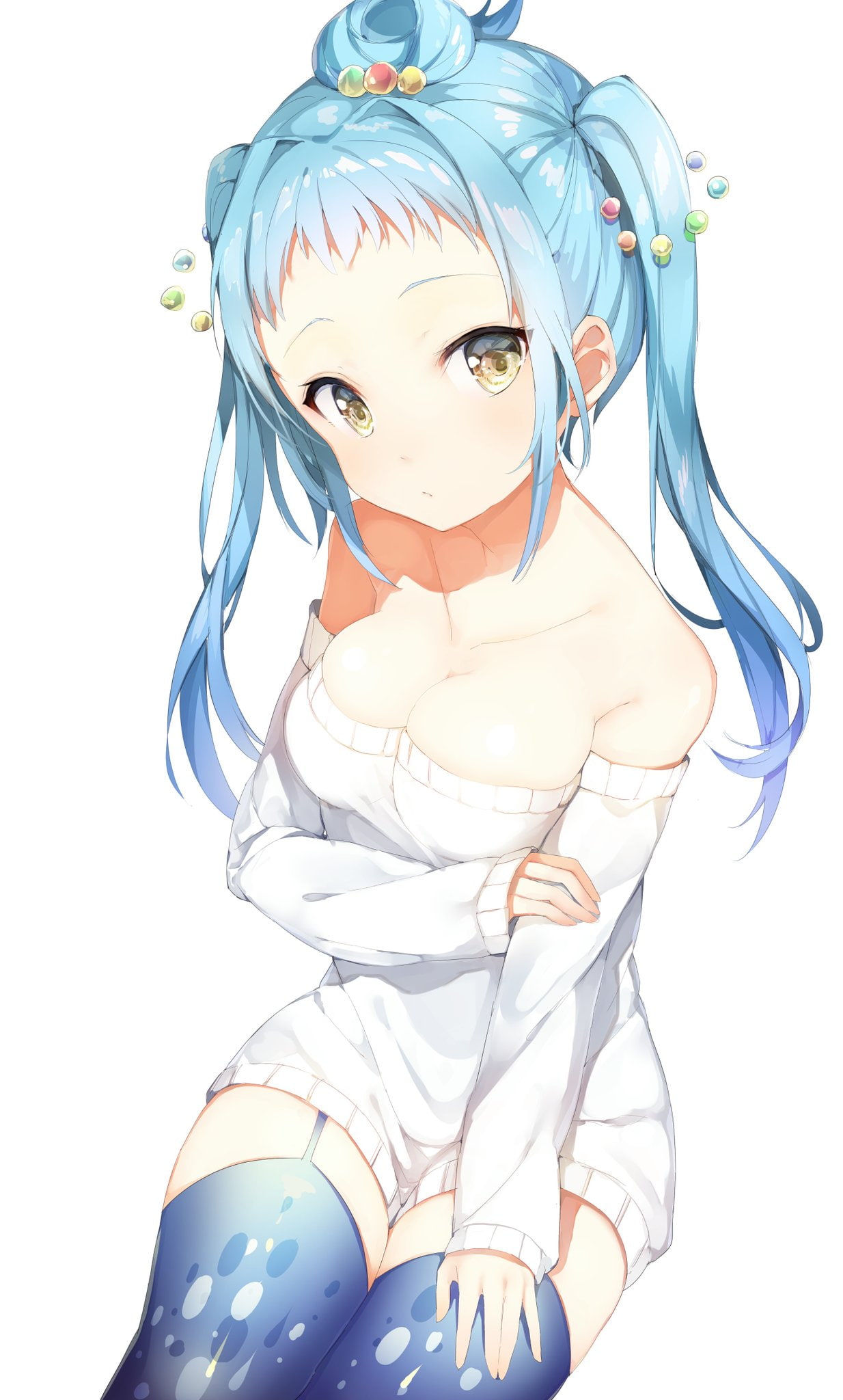 original characters, white  background, thigh-highs, aqua hair, yellow eyes, 1080P, sweater, stockings, cleavage, Phone HD Wallpaper