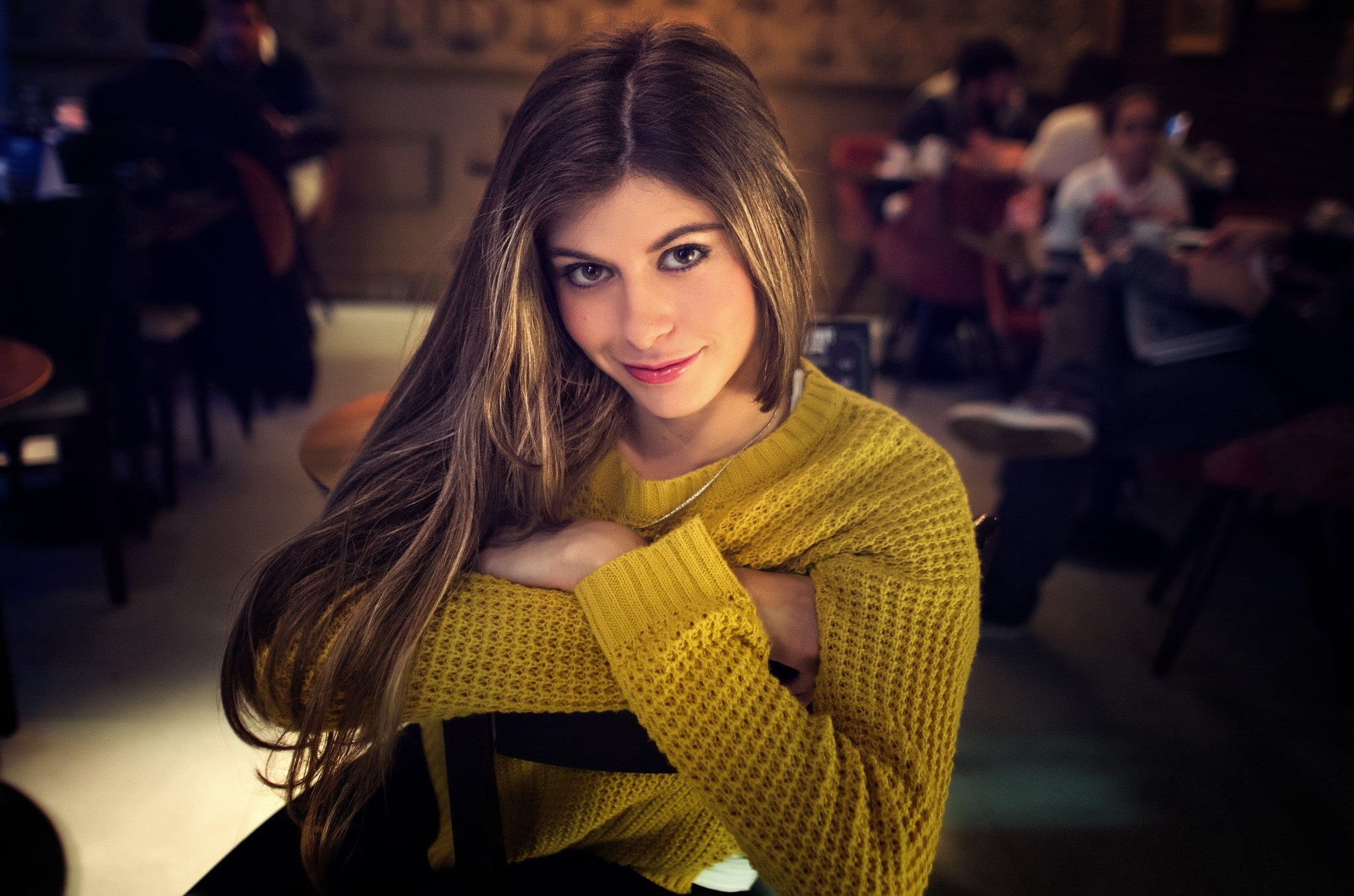 women, blonde, long hair, face, wavy hair, smiling, 1080P, yellow sweater, Adriano Perticone, sitting, looking at viewer, sweater, eyes, model, HD Wallpaper
