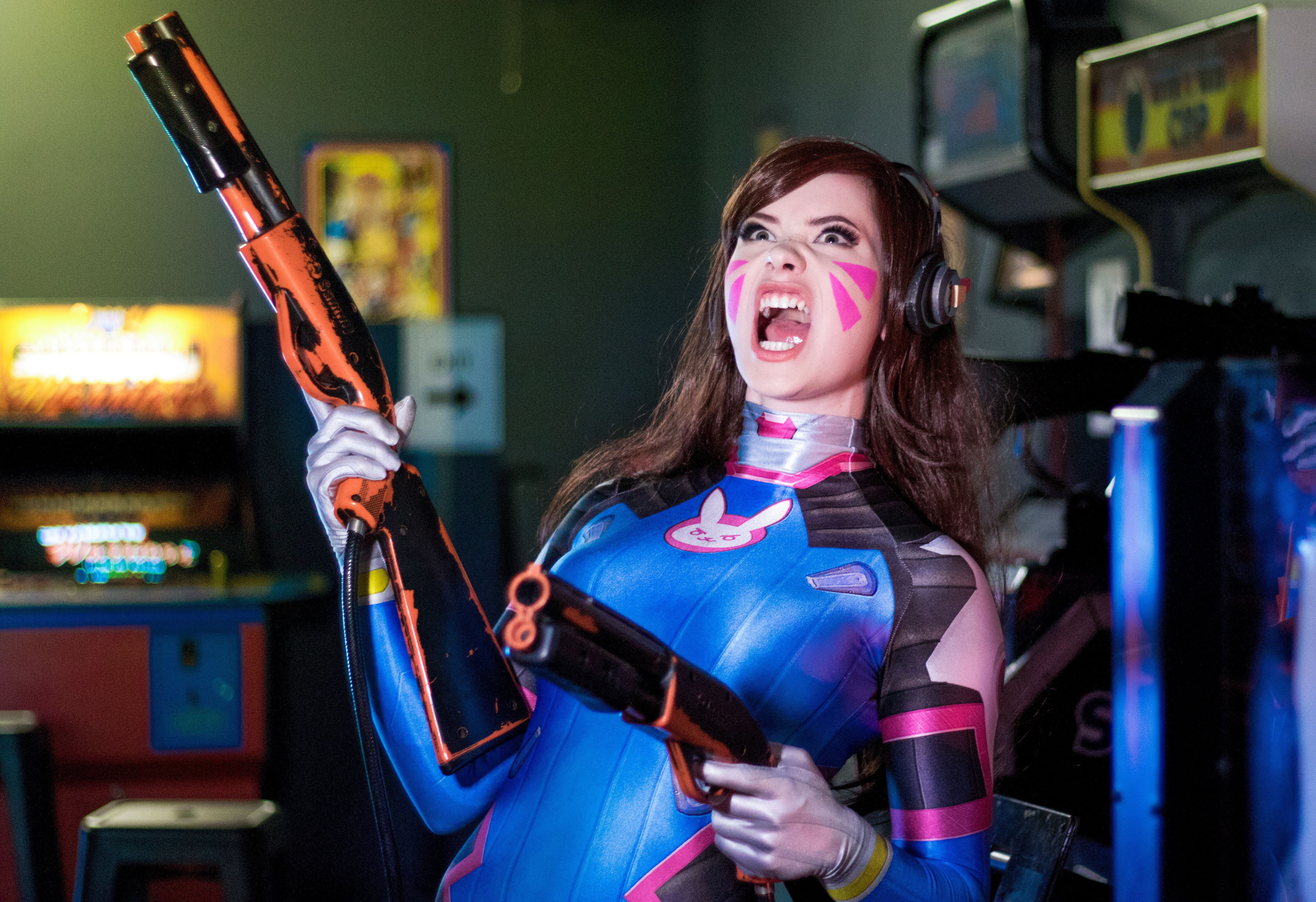 happiness, hair, emotion, mouth open, D.Va (Overwatch), young adult, holding, headphones, hairstyle, standing, adult, 4K, women, brunette, one person, HD Wallpaper