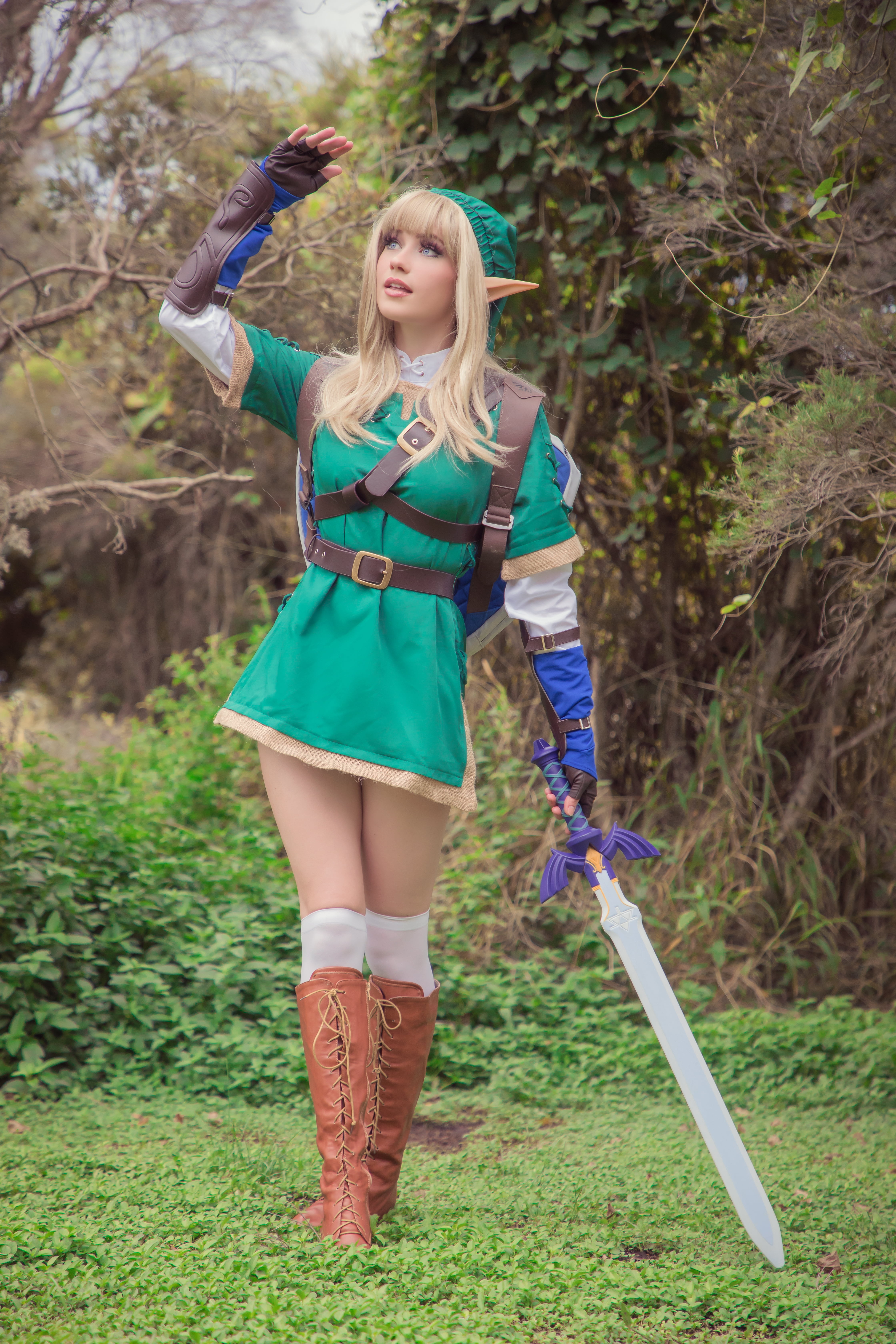 portrait display, Link, The Legend of Zelda, vertical, dress, blue eyes, women outdoors, boots, outdoors, model, 5K, blonde, women, video games, sword, Phone HD Wallpaper