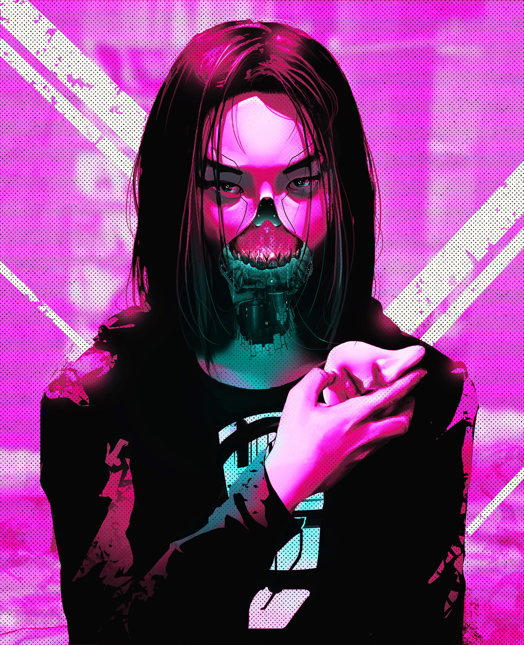 portrait display, cyborg, women, Asian, ArtStation, drawing, cyberpunk, digital art, Rashed AlAkroka, pink background, artwork, pink, face, 1080P, Phone HD Wallpaper