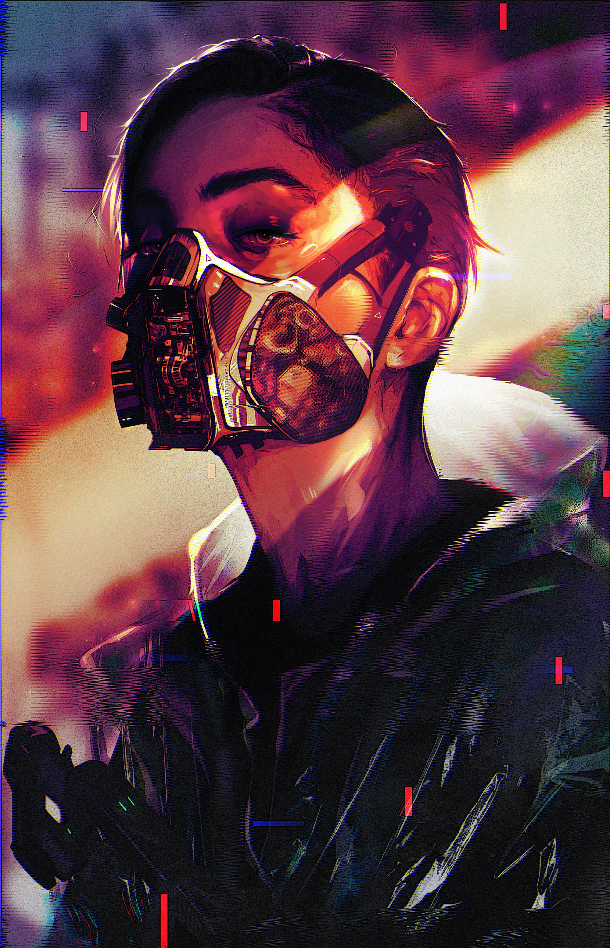 assault rifle, ArtStation, digital art, cyberpunk, glitch art, artwork, girls with guns, colorful, mask, women, drawing, vertical, 2K, Rashed AlAkroka, Phone HD Wallpaper