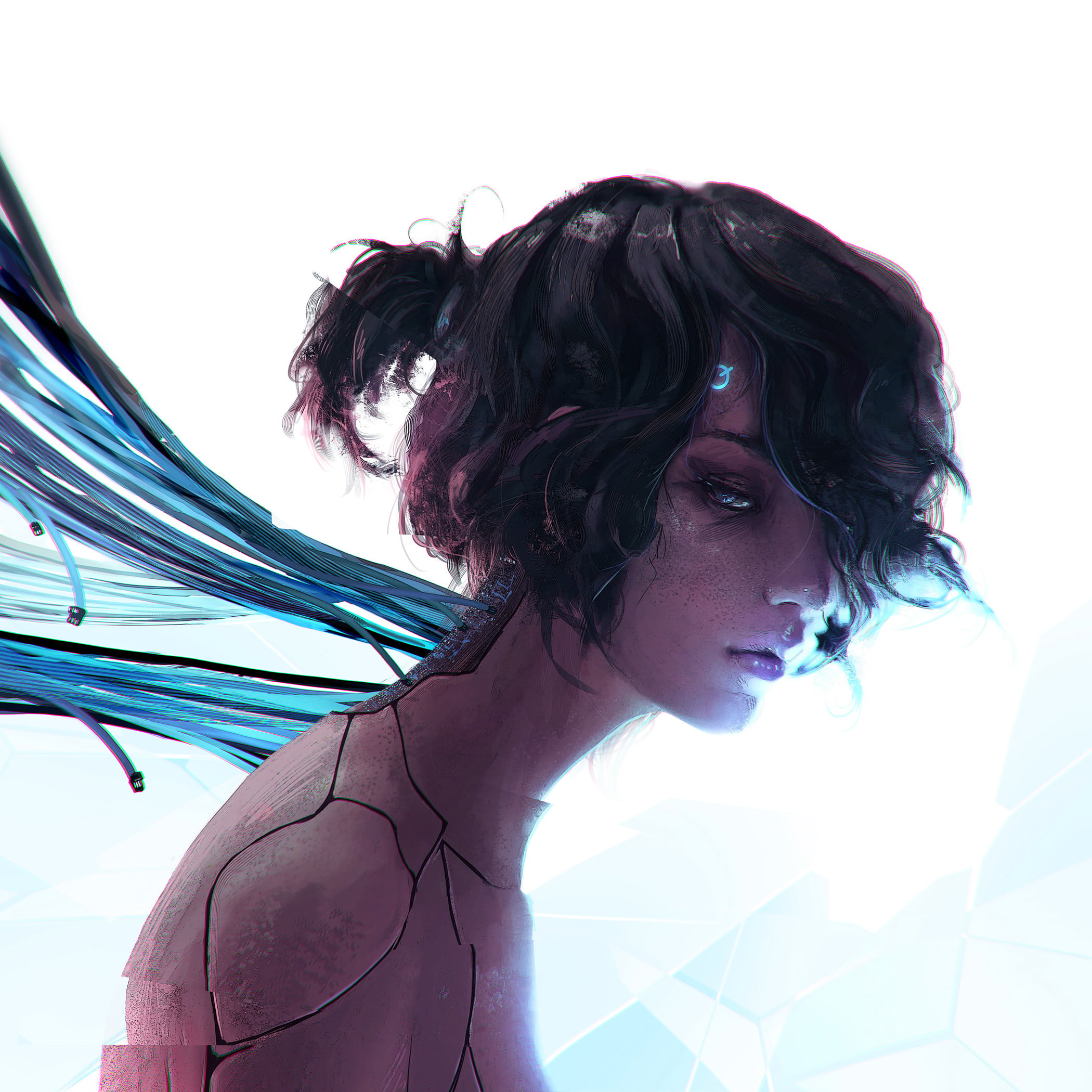 ArtStation, hair over one eye, simple background, Long Neck, wires, 1080P, women, cyborg, drawing, Rashed AlAkroka, white background, digital art, Phone HD Wallpaper