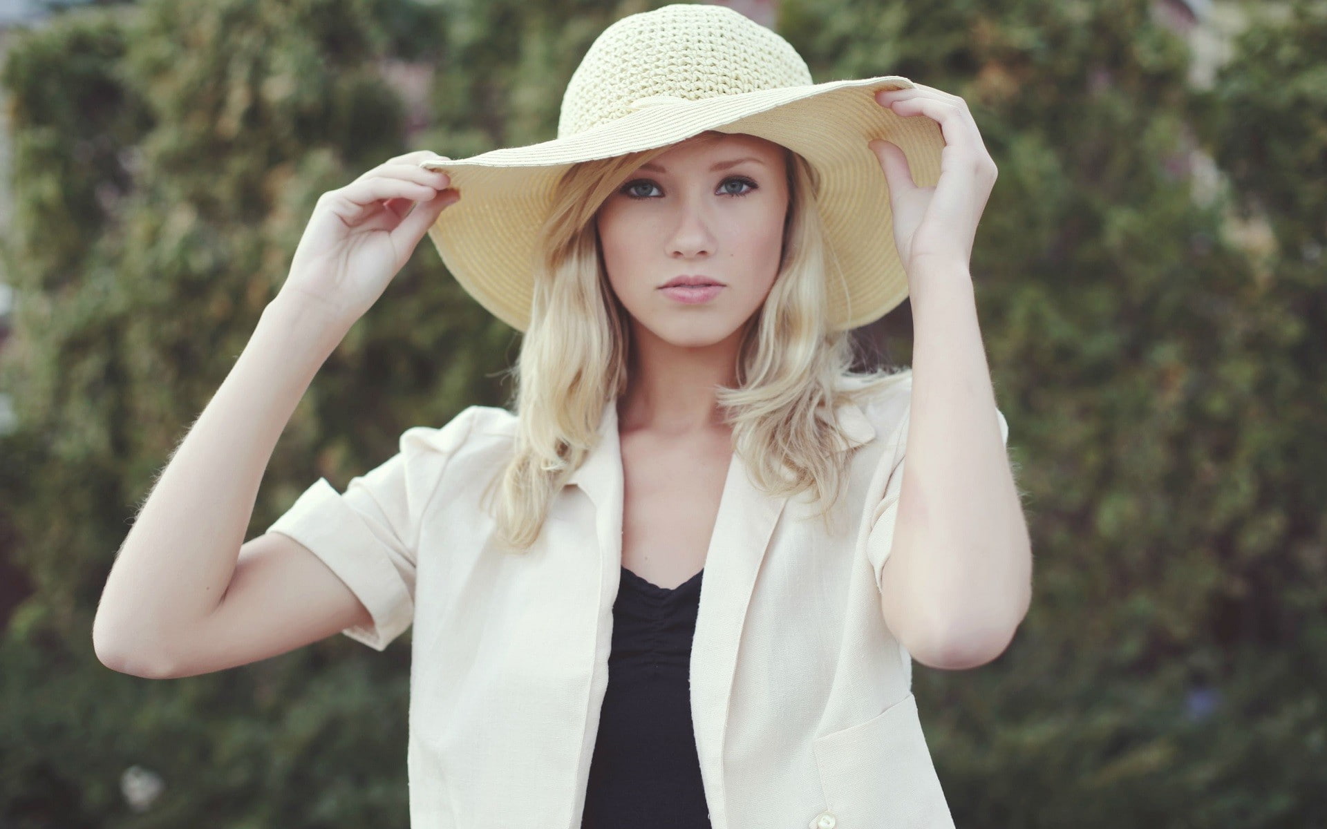 women outdoors, Berit Birkeland, hat, white shirt, looking at viewer, millinery, straw hat, blonde, women with hats, blue eyes, 1080P, women, HD Wallpaper