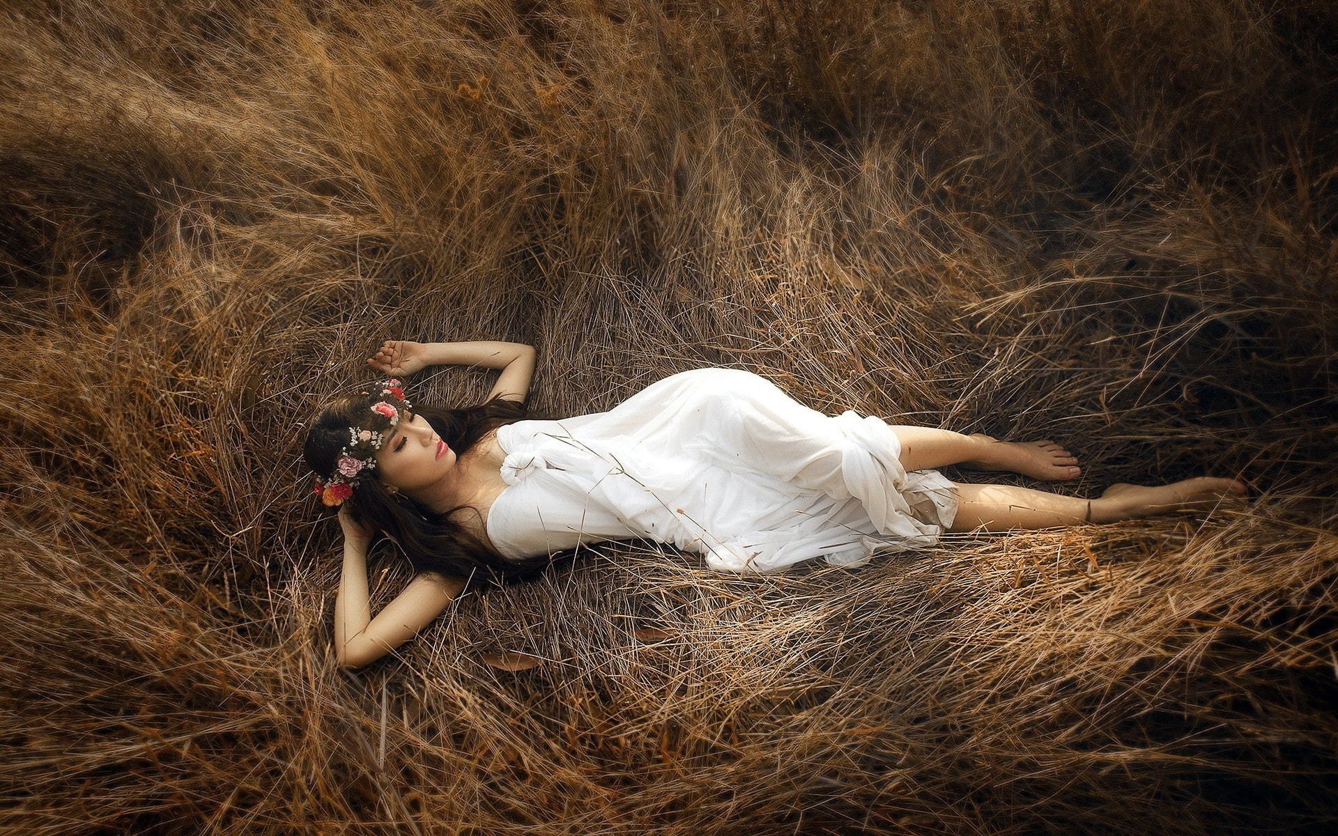 Girl, 1080P, Lying, Dress, Hay, White, HD Wallpaper