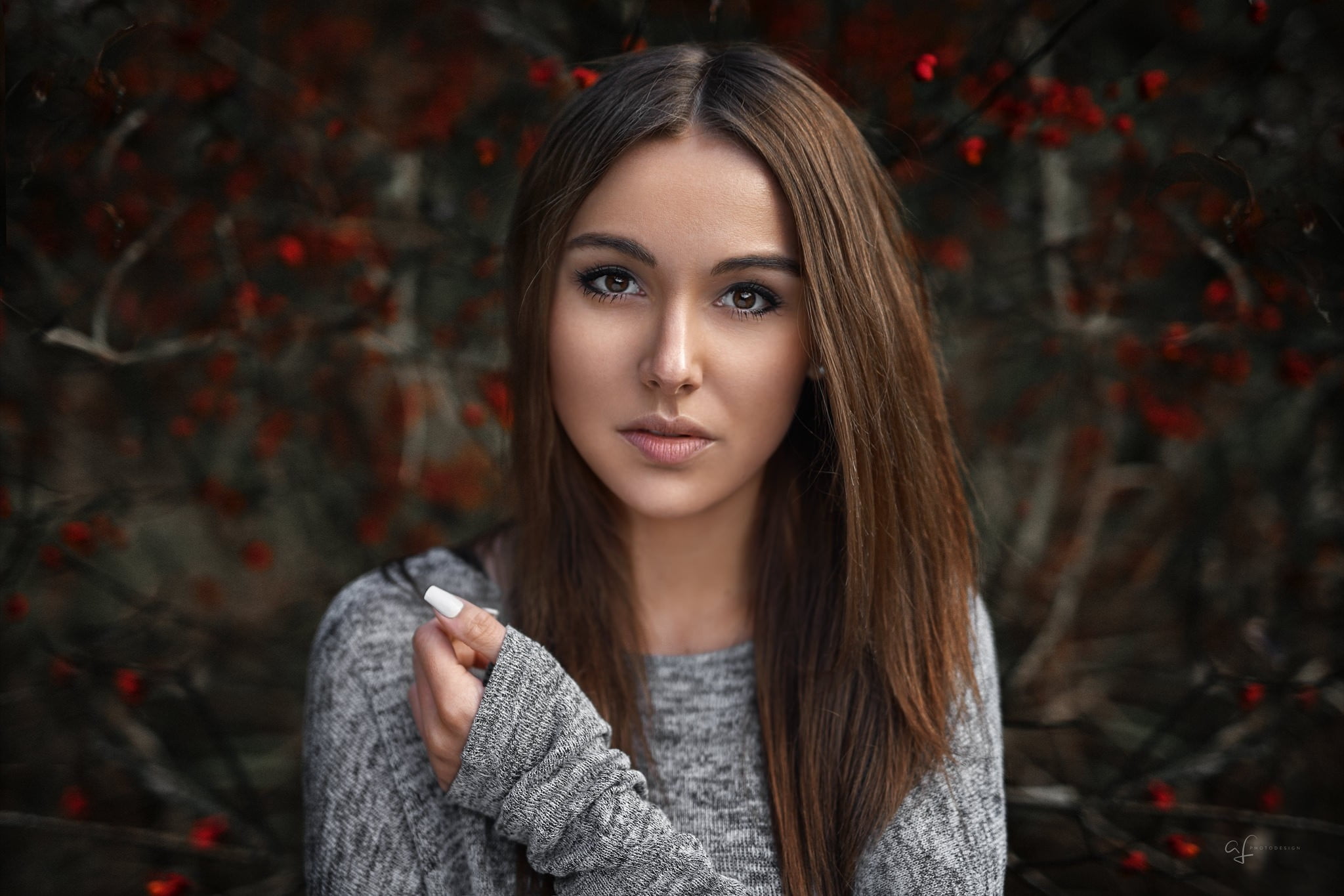 sweater, headshot, straight hair, young adult, autumn, front view, clothing, women, depth of field, portrait, outdoors, model, one person, human face, fashion, HD Wallpaper
