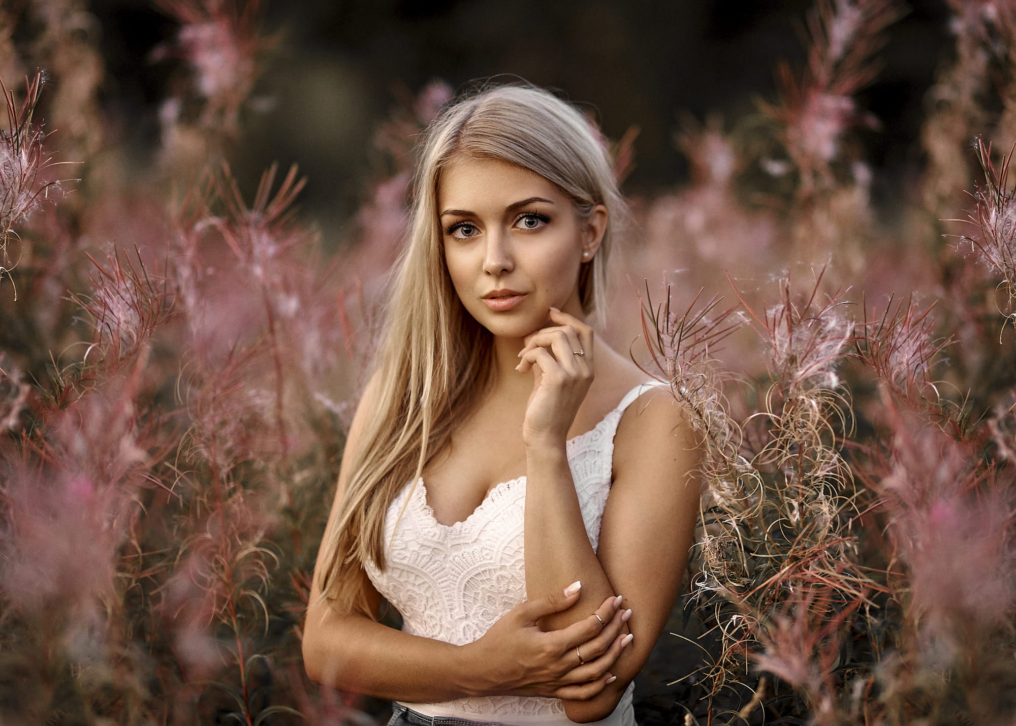 women outdoors, blue eyes, blonde, portrait, women, looking at viewer, Alex Fetter, model, white tops, 1080P, flowers, HD Wallpaper