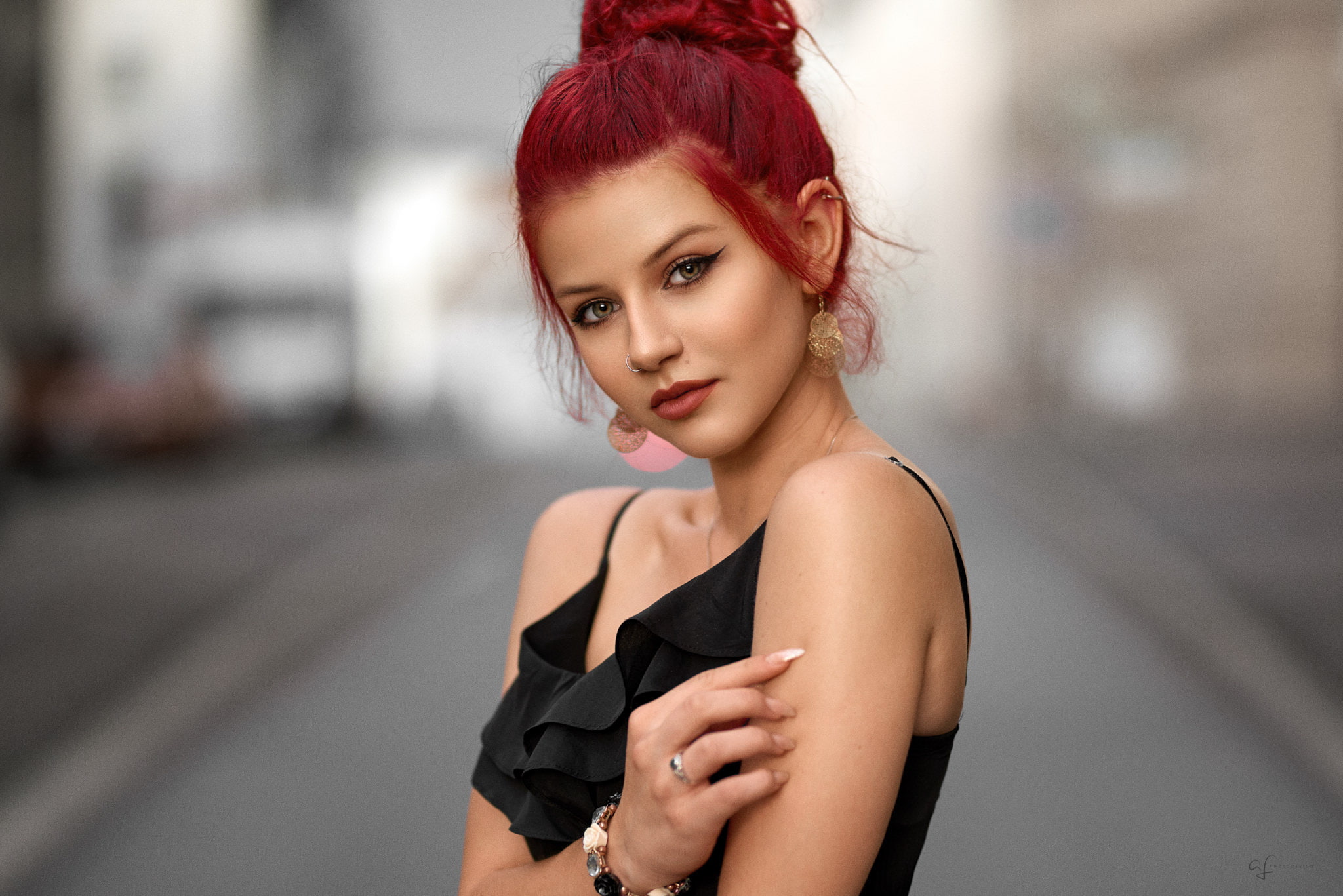 face, portrait, pierced nose, hazel eyes, bokeh, women outdoors, tanned, 1080P, Alex Fetter, redhead, no bra, women, hairbun, dress, dyed hair, eyeliner, HD Wallpaper
