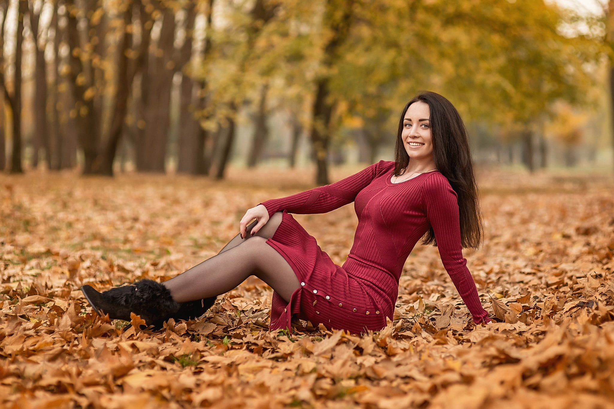 A Diakov George, hairstyle, one person, adult, dress, portrait, beautiful people, full length, pose, brunette, autumn, hair, beauty, positive emotion, outdoors, HD Wallpaper