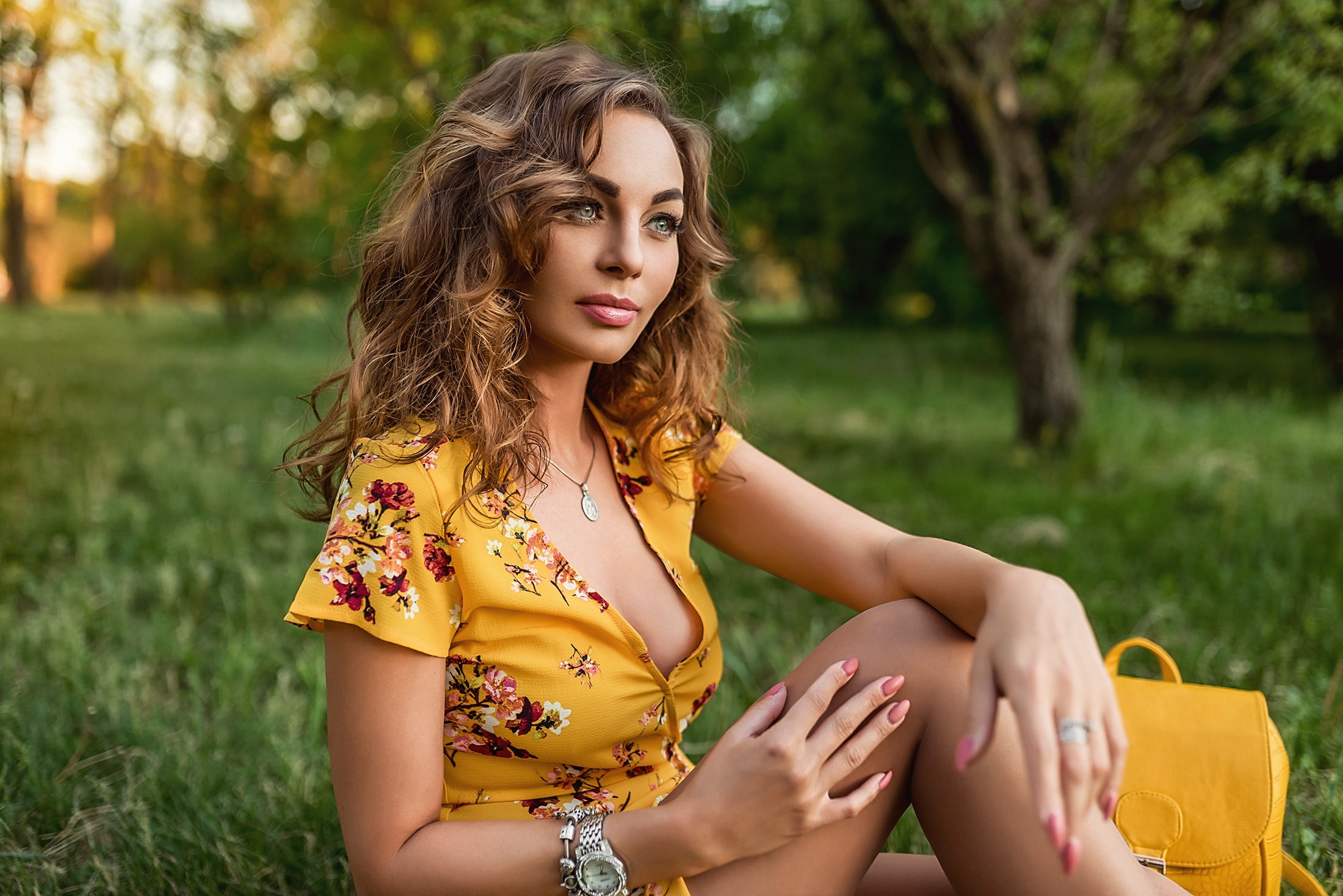 pose, A Diakov George, model, 1080P, pretty, yellow dress, HD Wallpaper