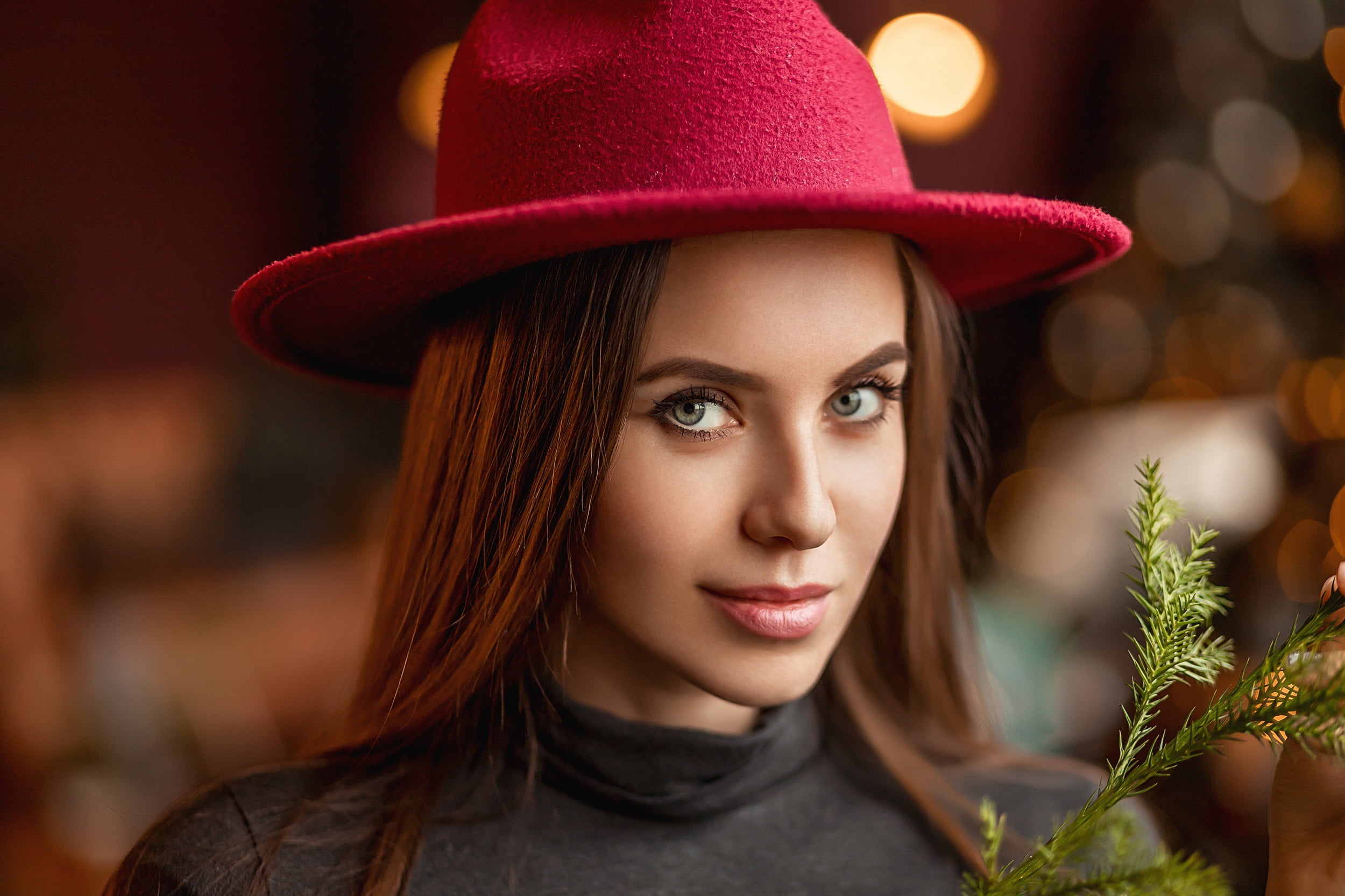 girl, A Diakov George, face, sprig, portrait, 1080P, hat, bokeh, look, HD Wallpaper