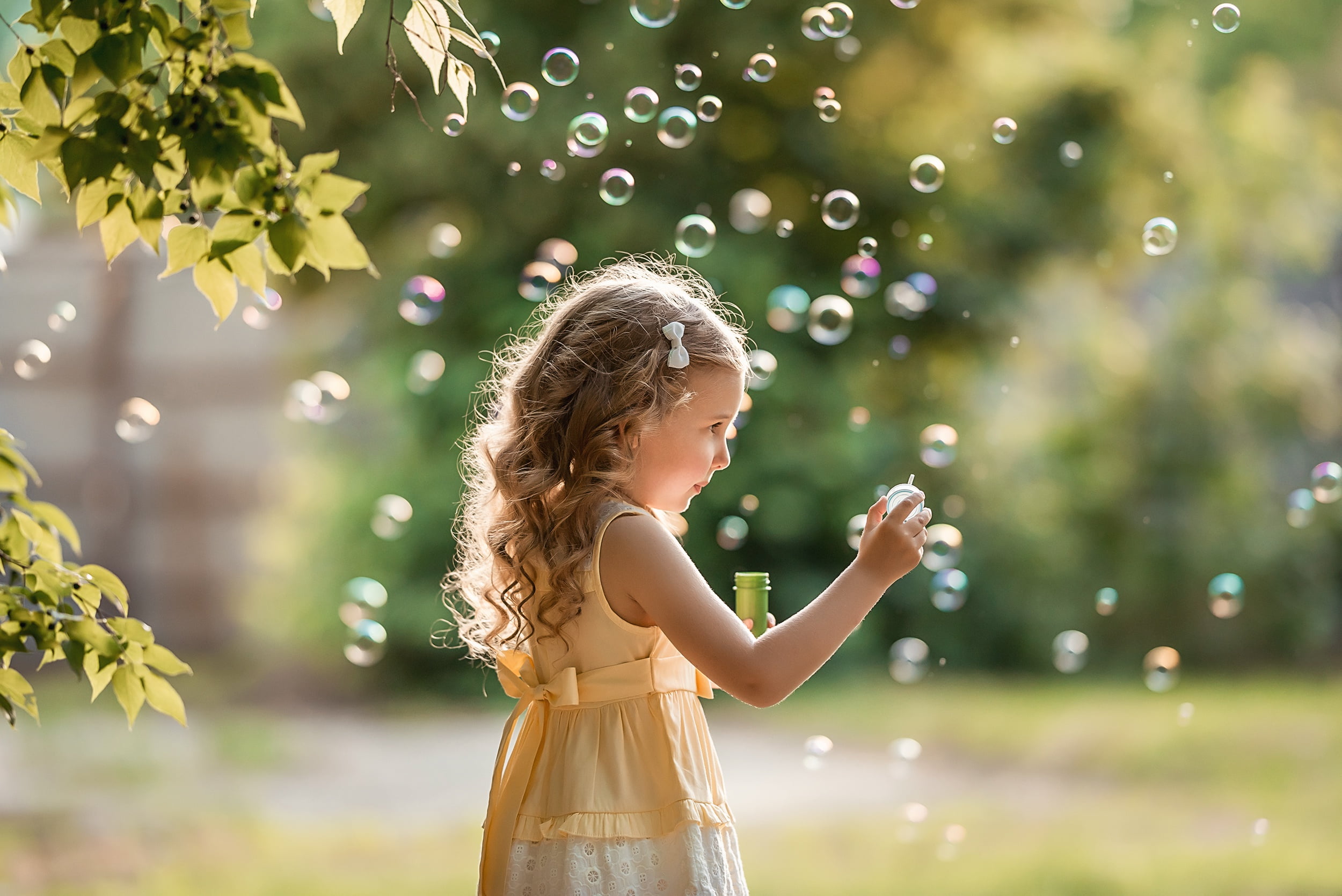 the game, branches, A Diakov George, nature, girl, dress, child, bubbles, leaves, 1080P, summer, HD Wallpaper