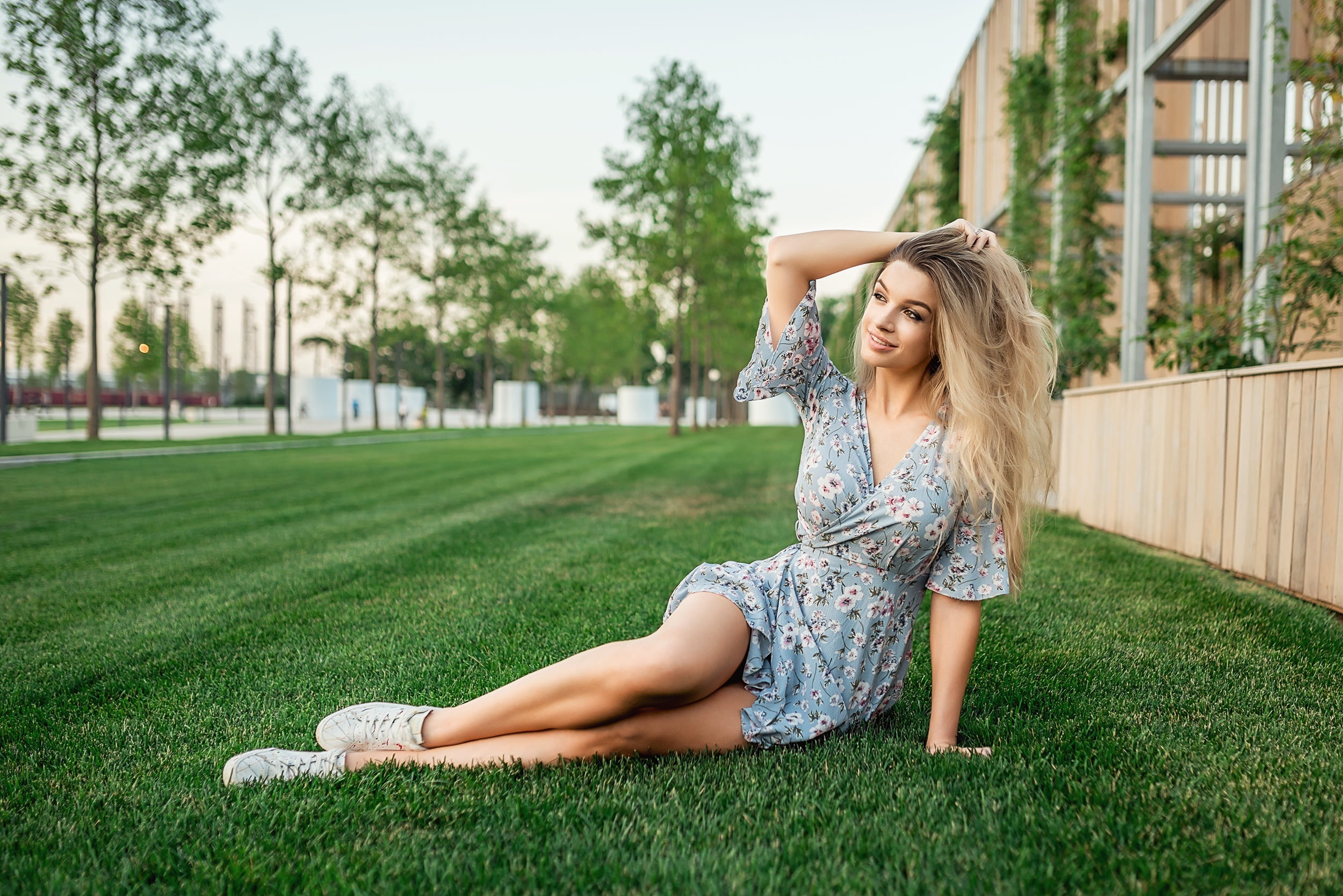 smile, legs, Girl, A Diakov George, Elena Korovaina, 1080P, lawn, dress, HD Wallpaper