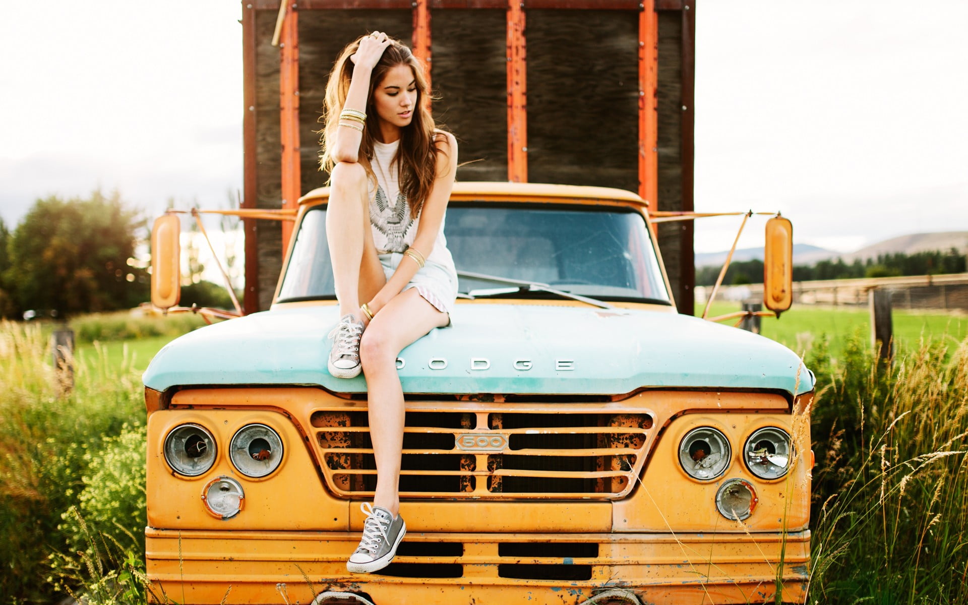 outdoors, day, young women, real people, motor vehicle, 1080P, young adult, looking at camera, sneakers, one person, brunette, beautiful woman, mode of transportation, HD Wallpaper