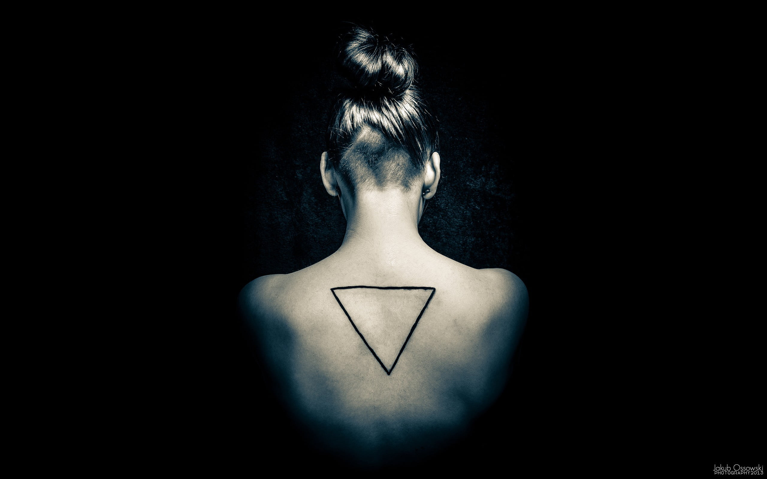 lifestyles, one person, human back, body part, black background, indoors, real people, hairstyle, women, triangle, adult, digital composite, arms raised, HD Wallpaper