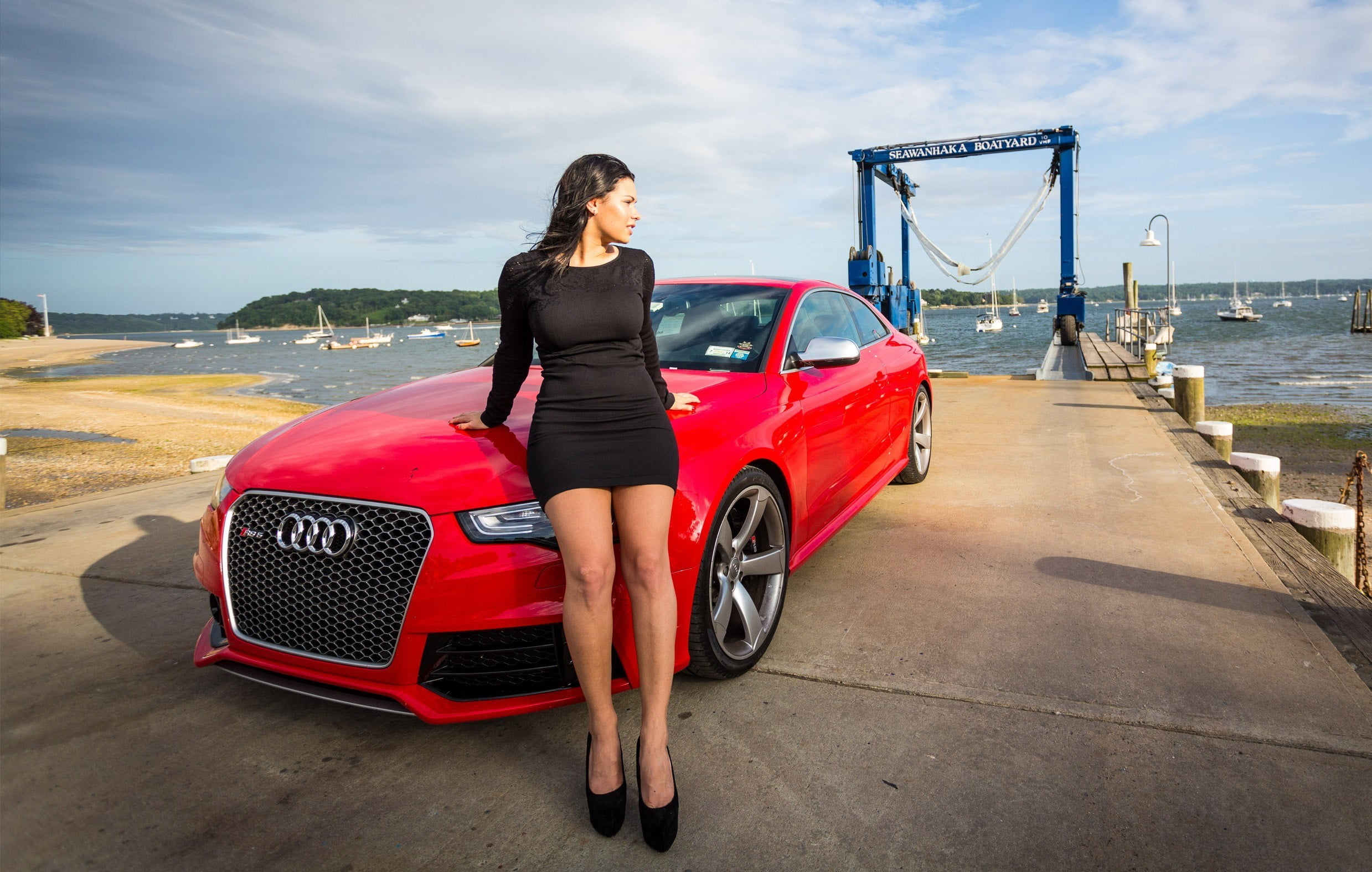 sleeved, motor vehicle, cloud - sky, neck, water, s, standing, car, land vehicle, lifestyles, black, mini, 1080P, long, full length, scoop, sky, transportation, HD Wallpaper