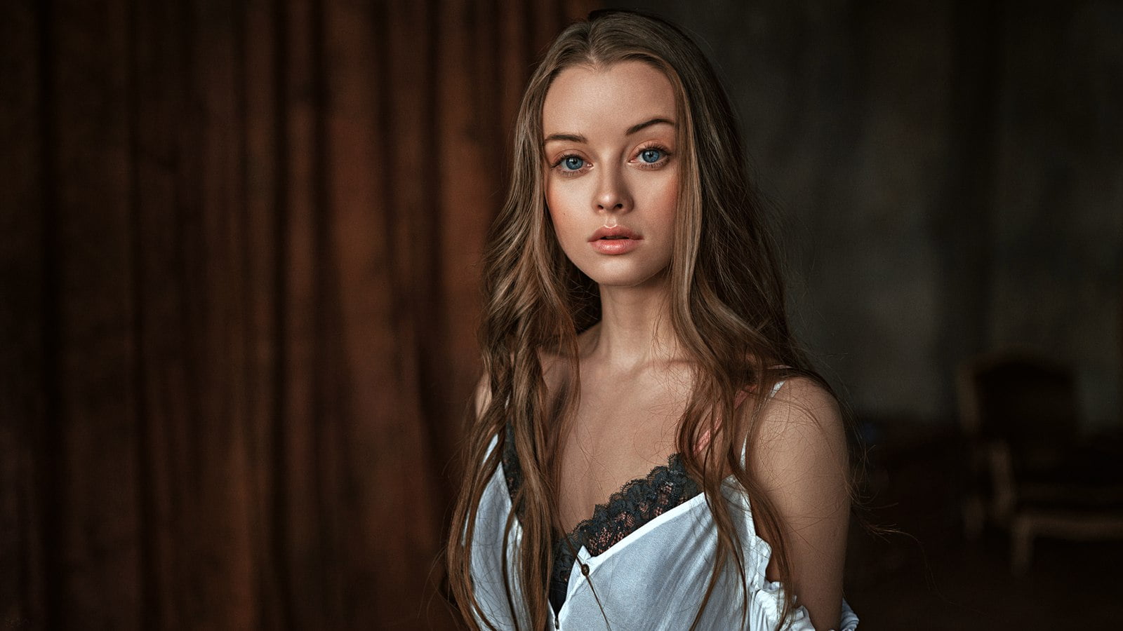 beautiful woman, indoors, beauty, contemplation, Georgy Chernyadyev, young adult, blue eyes, hairstyle, one person, serious, 720P, brunette, teenager, HD Wallpaper