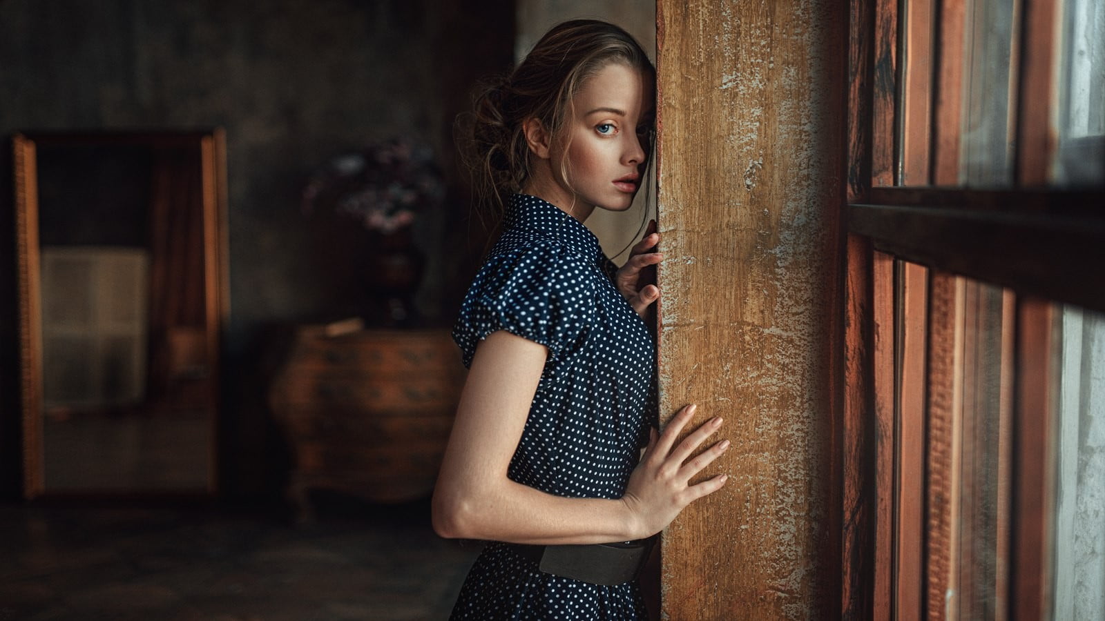 child, side view, hairbun, emotion, brunette, portrait, Maria Zhgenti, polka dots, solitude, dark, adult, standing, 720P, one person, Georgy Chernyadyev, HD Wallpaper