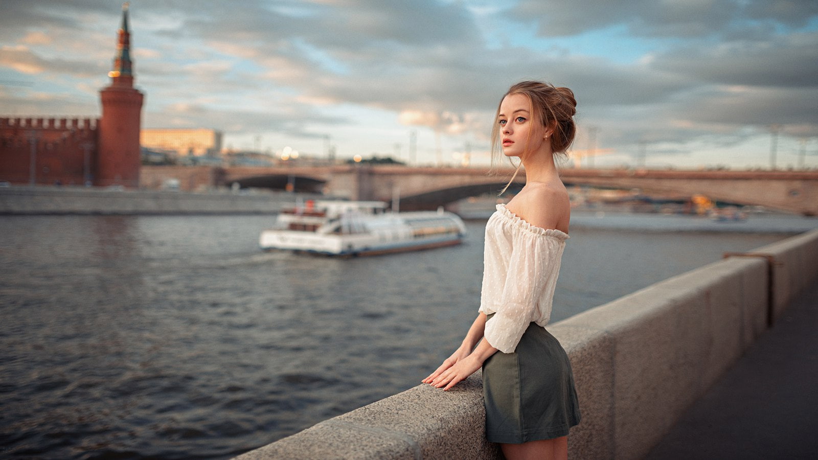 skirt, Georgy Chernyadyev, Maria Zhgenti, no bra, hairbun, bare shoulders, women, white tops, Russian women, blue eyes, 720P, face, women outdoors, Moscow, HD Wallpaper