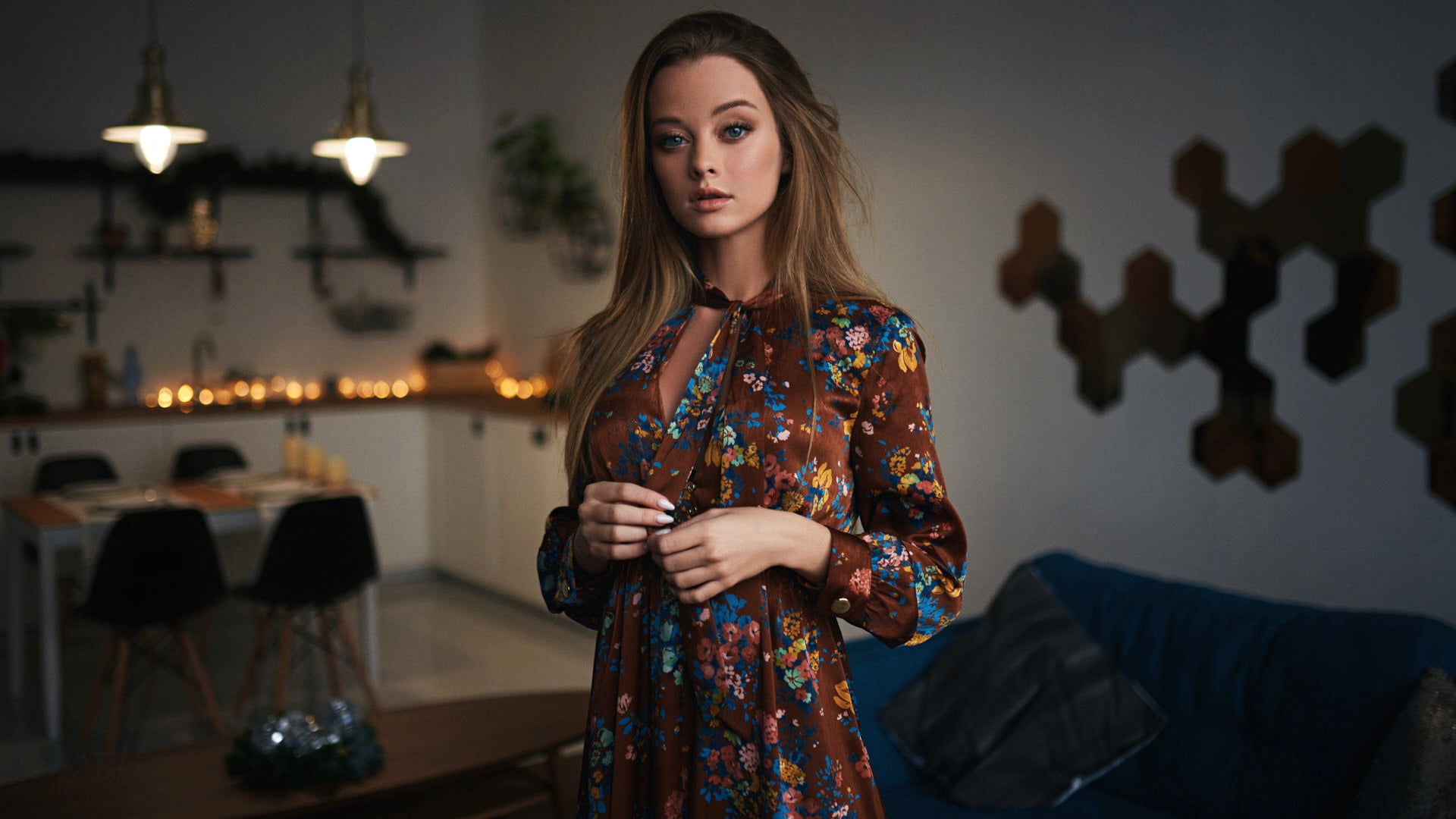 room, brown hair, bokeh, dress, sofa, Sergey Fat, portrait, chairs, lamp, makeup, table, model, Maria Zhgenti, Mariya, pose, hairstyle, 1080P, beauty, HD Wallpaper